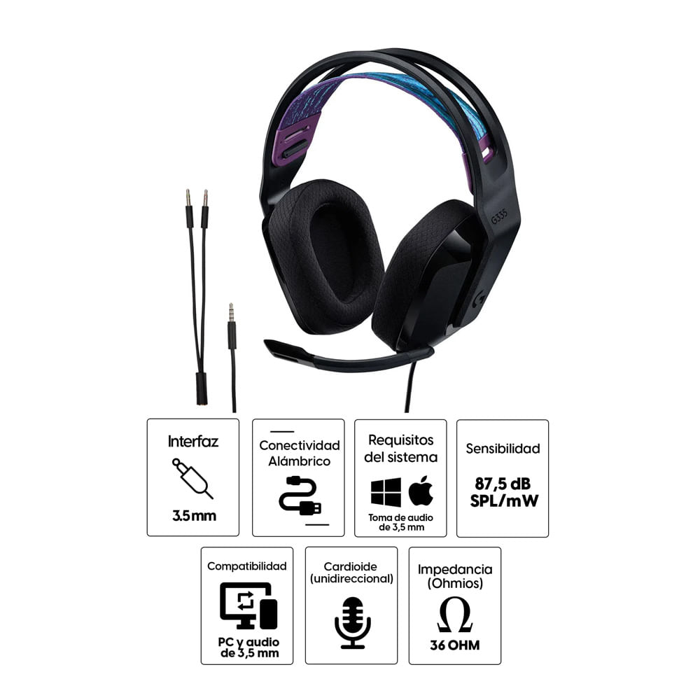Imagen 2 del producto Audífonos gamer Logitech G335 con micrófono, conexión jack 3.5, 36 ohms, sensibilidad 87.5 dB, PC y consolas, negro
