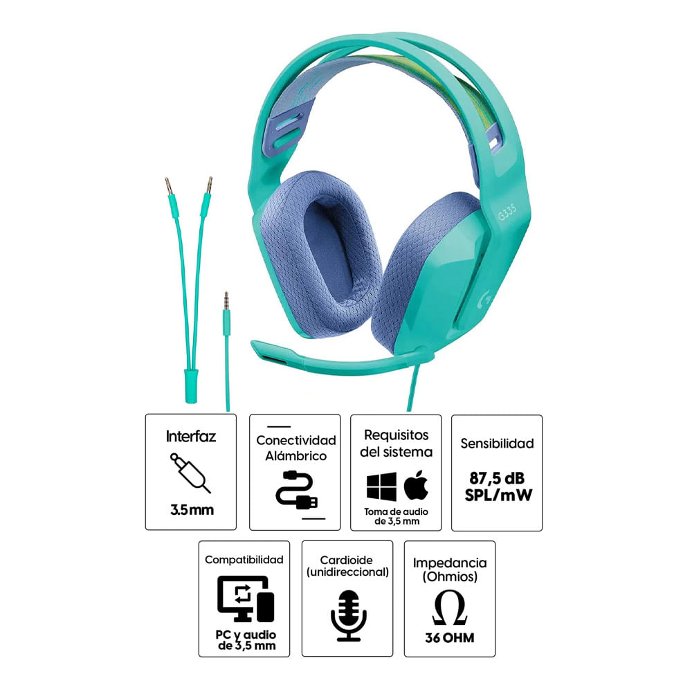 Imagen 2 del producto Audífonos gamer alámbrico Logitech G335 con micrófono, conexión jack 3.5, 36 ohms, sensibilidad: 87.5 dB, PC y consolas, menta