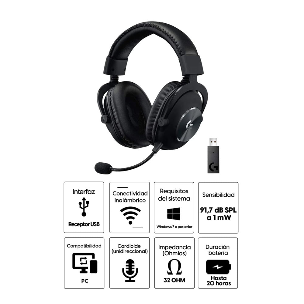 Imagen 2 del producto Audífonos gamer inalámbricos Logitech G Pro X Lightspeed, receptor usb, 32 ohm, sensibilidad 91.7 dB, compatible PC