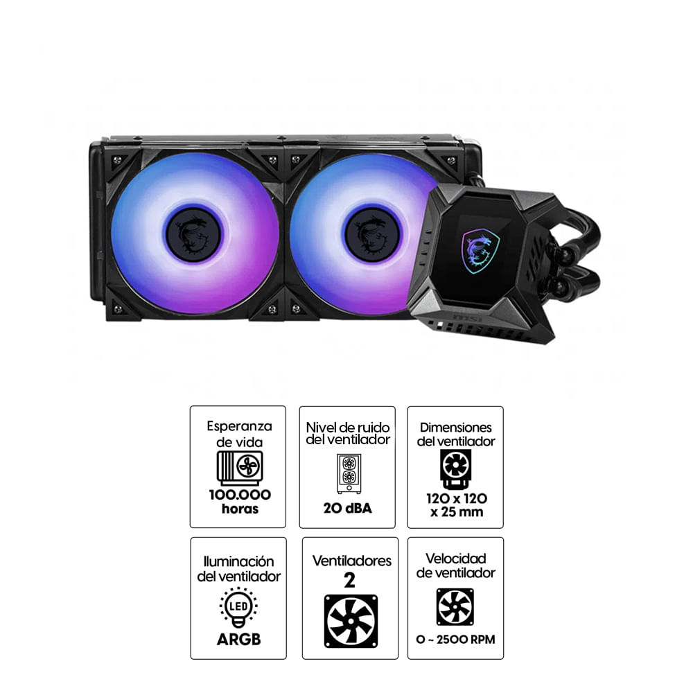 Imagen 2 del producto Sistema de refrigeración líquida MSI MPG Coreliquid K240, ARGB, 240 mm, 2 FAN, pantalla LCD 2.4""