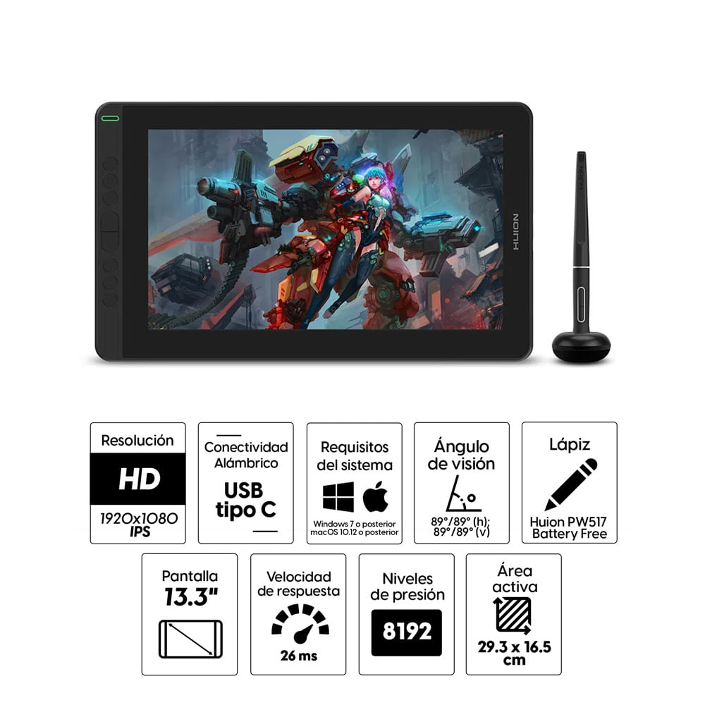 Imagen 2 del producto Tableta gráfica Huion Kamvas 13 LCD 13.3"" con stand inclinable, área de trabajo 29,37 × 16,52 cm, conectividad Tipo C, incluye lápiz PW517