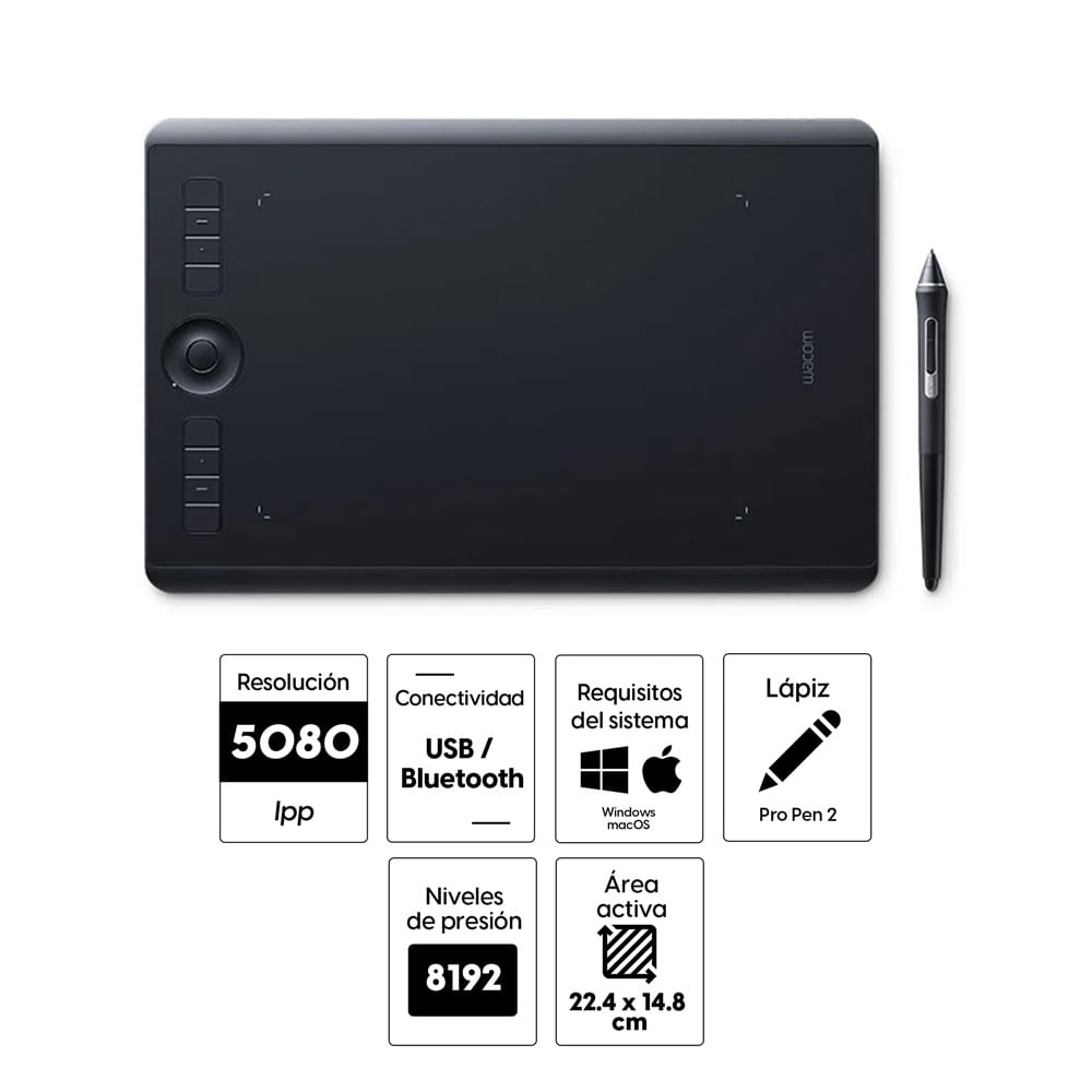 Imagen 2 del producto Tableta gráfica Wacom Intuos Pro Medium, lápiz Pro Pen 2, conexión usb/bluetooth, 8 teclas ExpressKey, negro