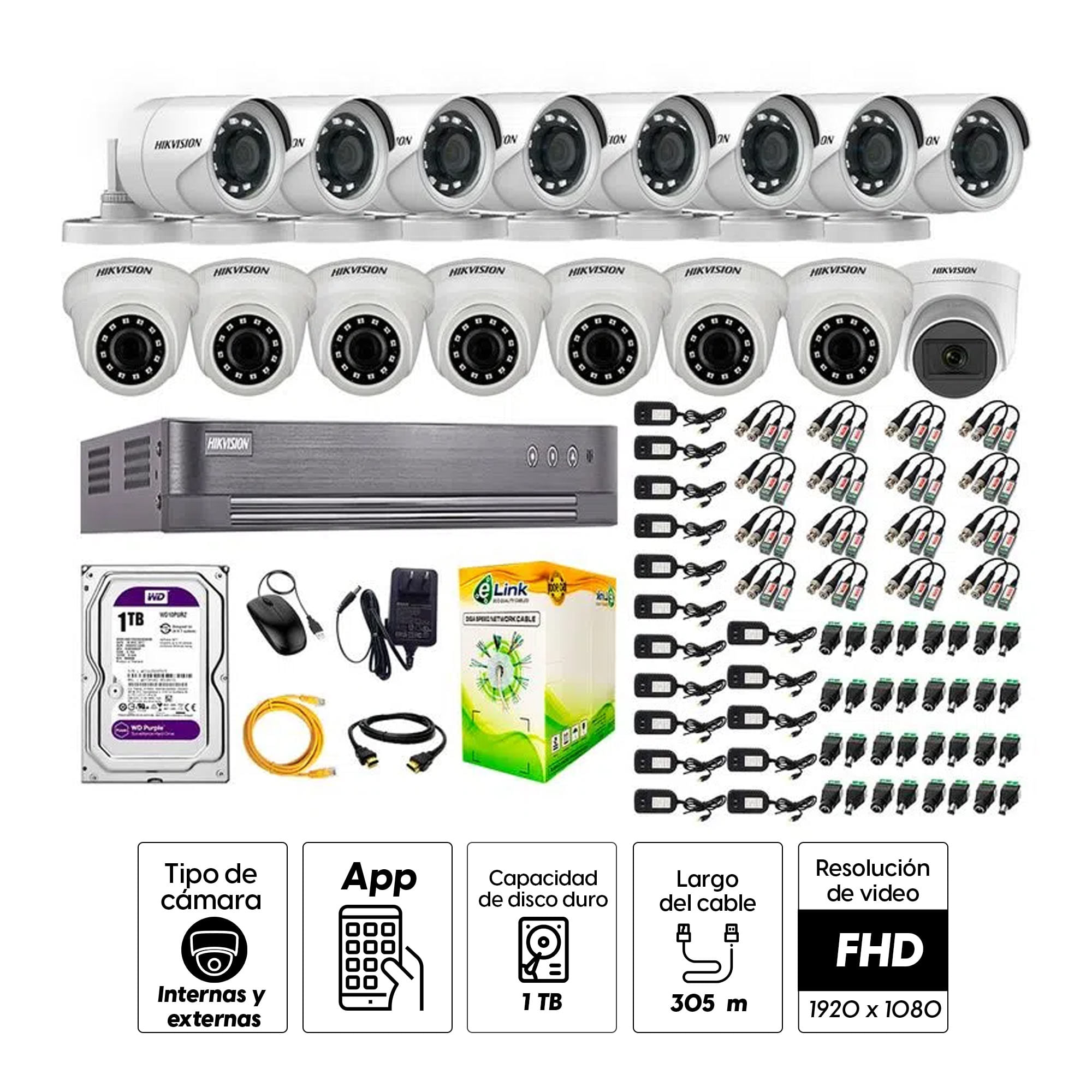 Imagen 2 del producto Kit de seguridad Hikvision 1 cámara Domo (micrófono incorporado) 1080P + 7 cámaras Domo Turbo 1080P + 8 cámaras Tubo Turbo 1080P + dvr + disco 1TB