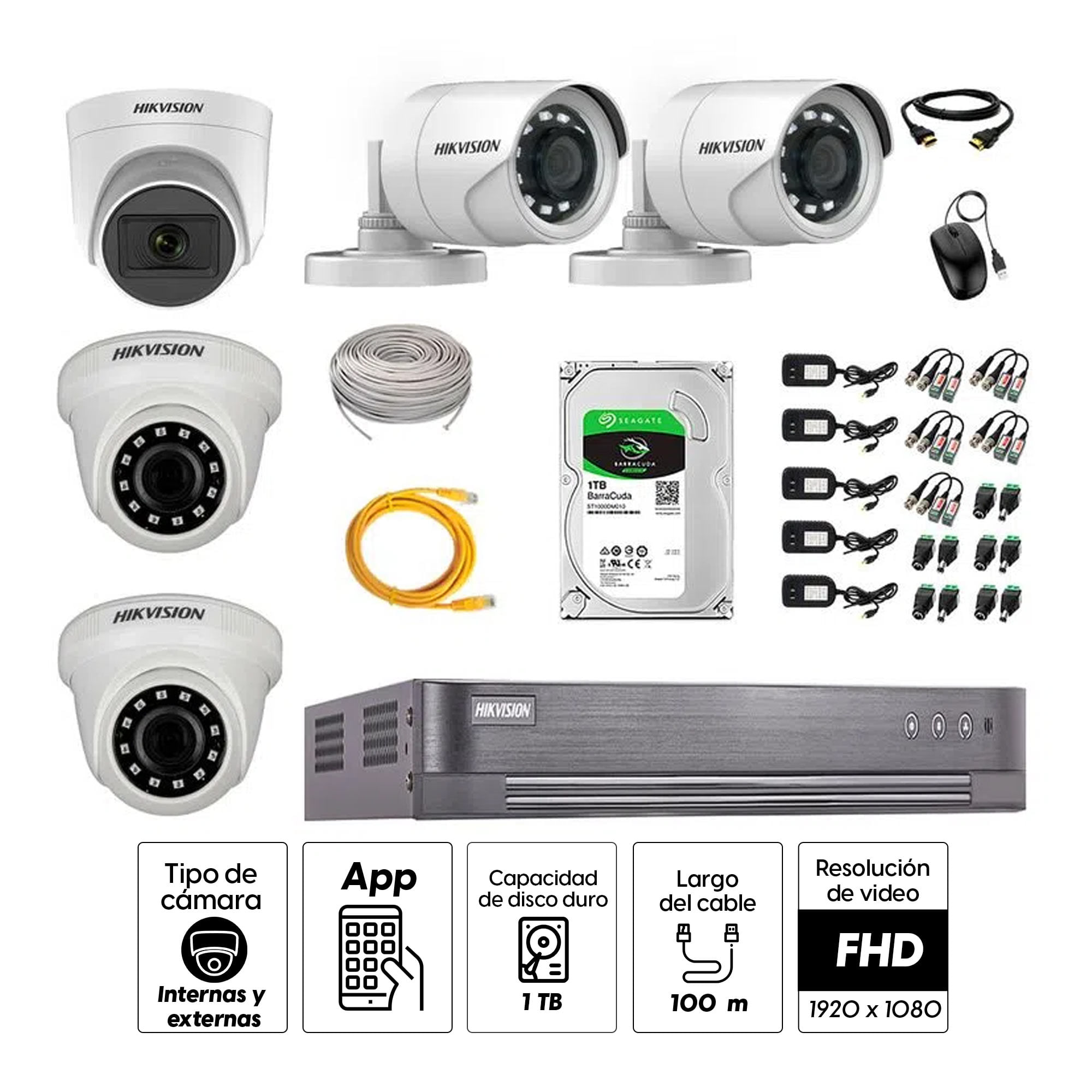 Imagen 2 del producto Kit de seguridad Hikvision 1 cámara Domo (micrófono incorporado) 1080P + 2 cámaras Tubo Turbo 1080P + 2 cámaras Domo Turbo 1080P + dvr + disco 1TB