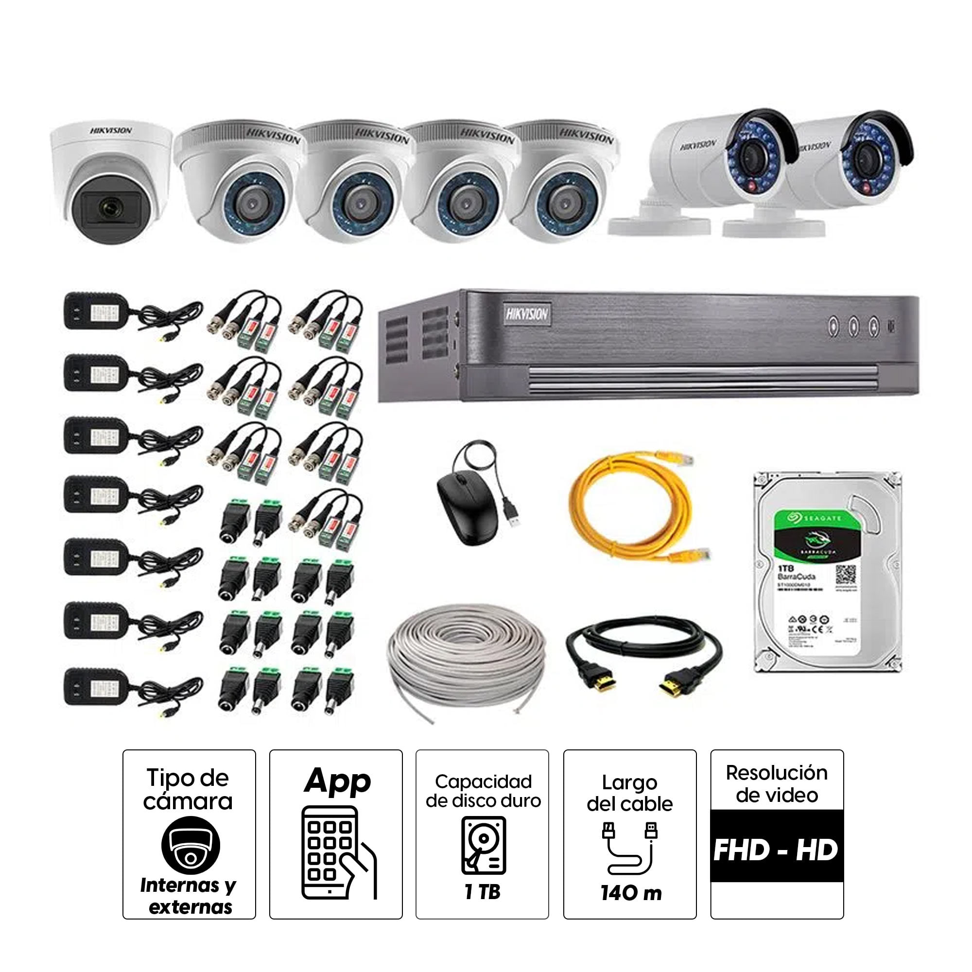 Imagen 2 del producto Kit de seguridad Hikvision 1 cámara Domo (micrófono incorporado) 1080P + 4 cámaras Domo Turbo 720P + 2 cámaras Tubo Turbo 720P + dvr + disco 1TB