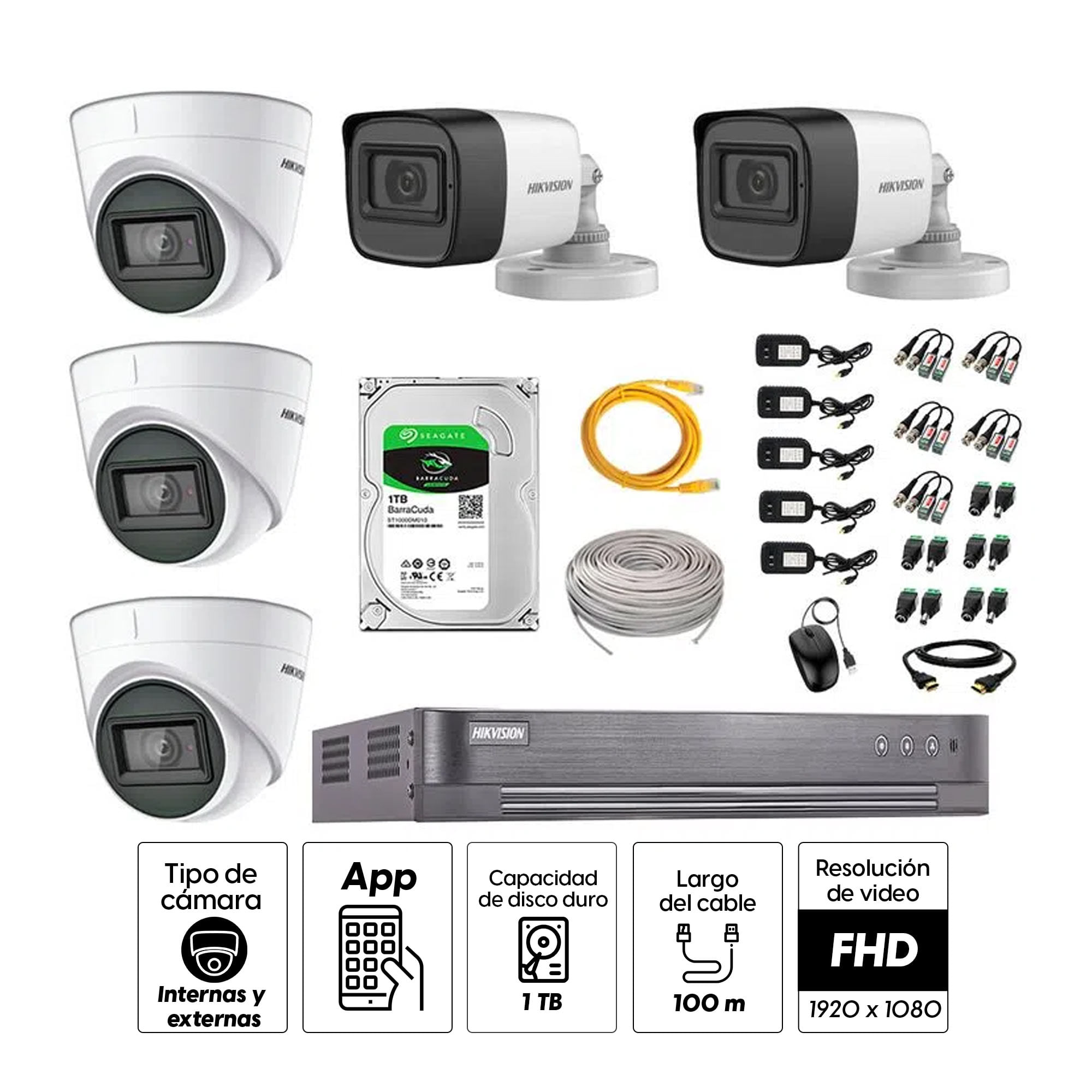 Imagen 2 del producto Kit de seguridad Hikvision 3 cámaras Domo (audio incorporado) 1080P + 2 cámaras Tubo (audio incorporado) 1080P + dvr + disco 1TB