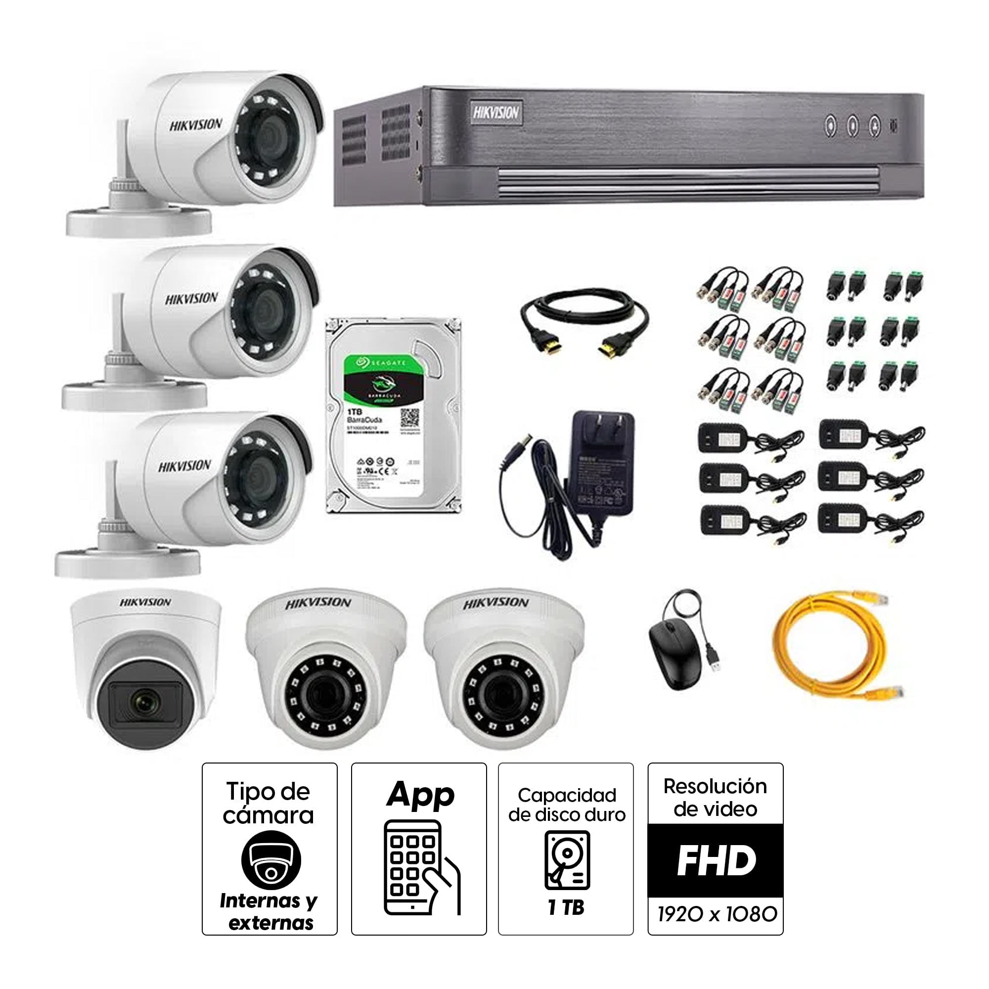 Imagen 2 del producto Kit de seguridad Hikvision 1 cámara Domo (micrófono incorporado) 1080P + 2 cámaras Domo Turbo 1080P + 3 cámaras Tubo Turbo 1080P + dvr + disco 1TB
