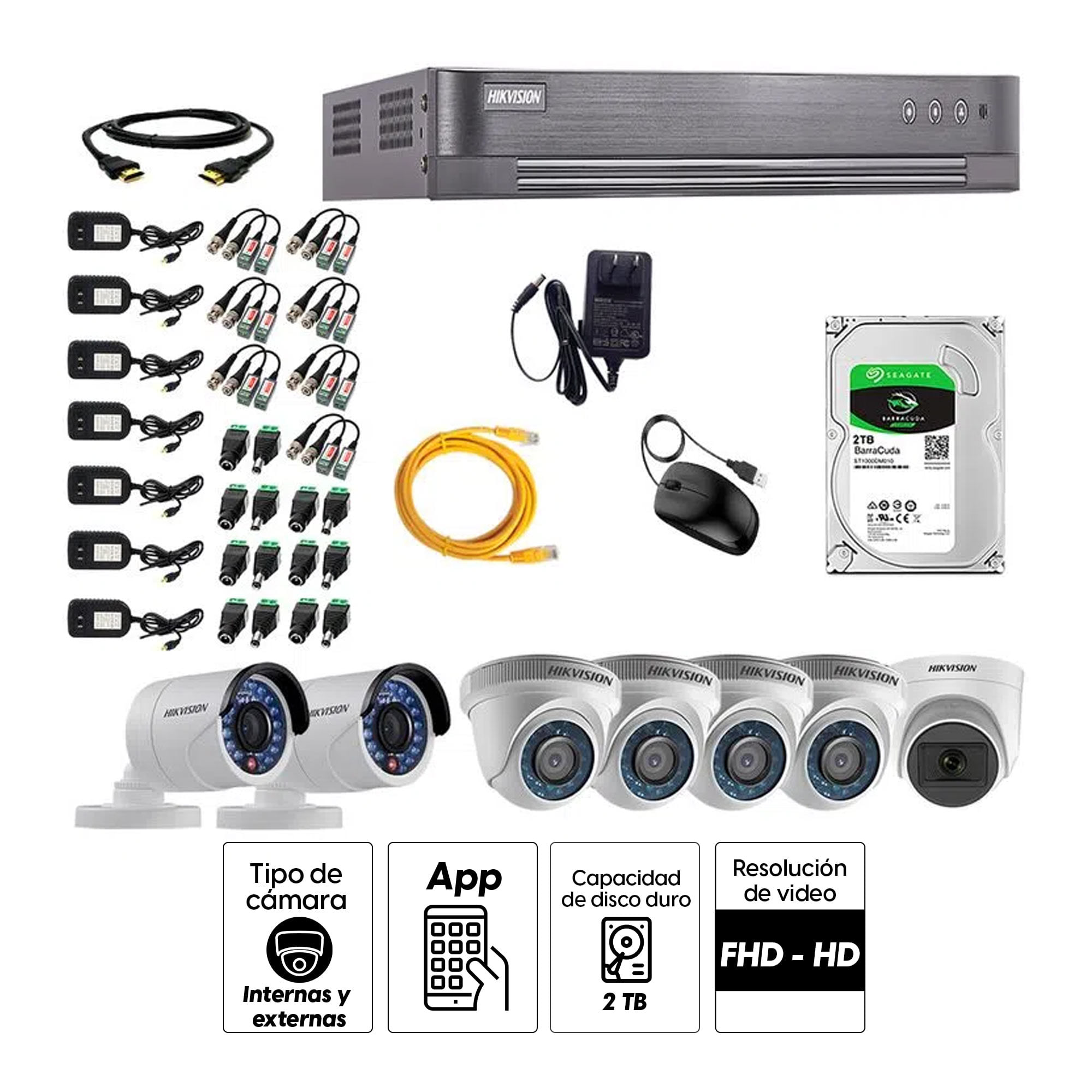 Imagen 2 del producto Kit de seguridad Hikvision 1 cámara Domo (micrófono incorporado) 1080P + 4 cámaras Domo Turbo 720P + 2 cámaras Tubo Turbo 720P + dvr + disco 2TB