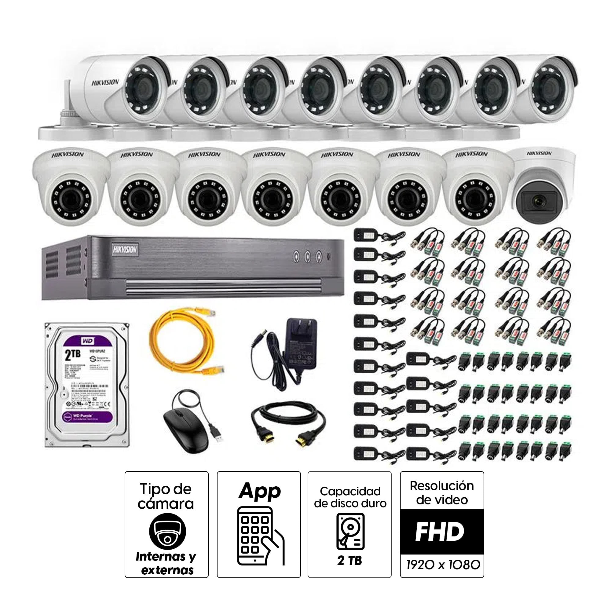 Imagen 2 del producto Kit de seguridad Hikvision 1 cámara Domo (micrófono incorporado) 1080P + 7 cámaras Domo Turbo 1080P + 8 cámaras Tubo Turbo 1080P + dvr + disco 2TB