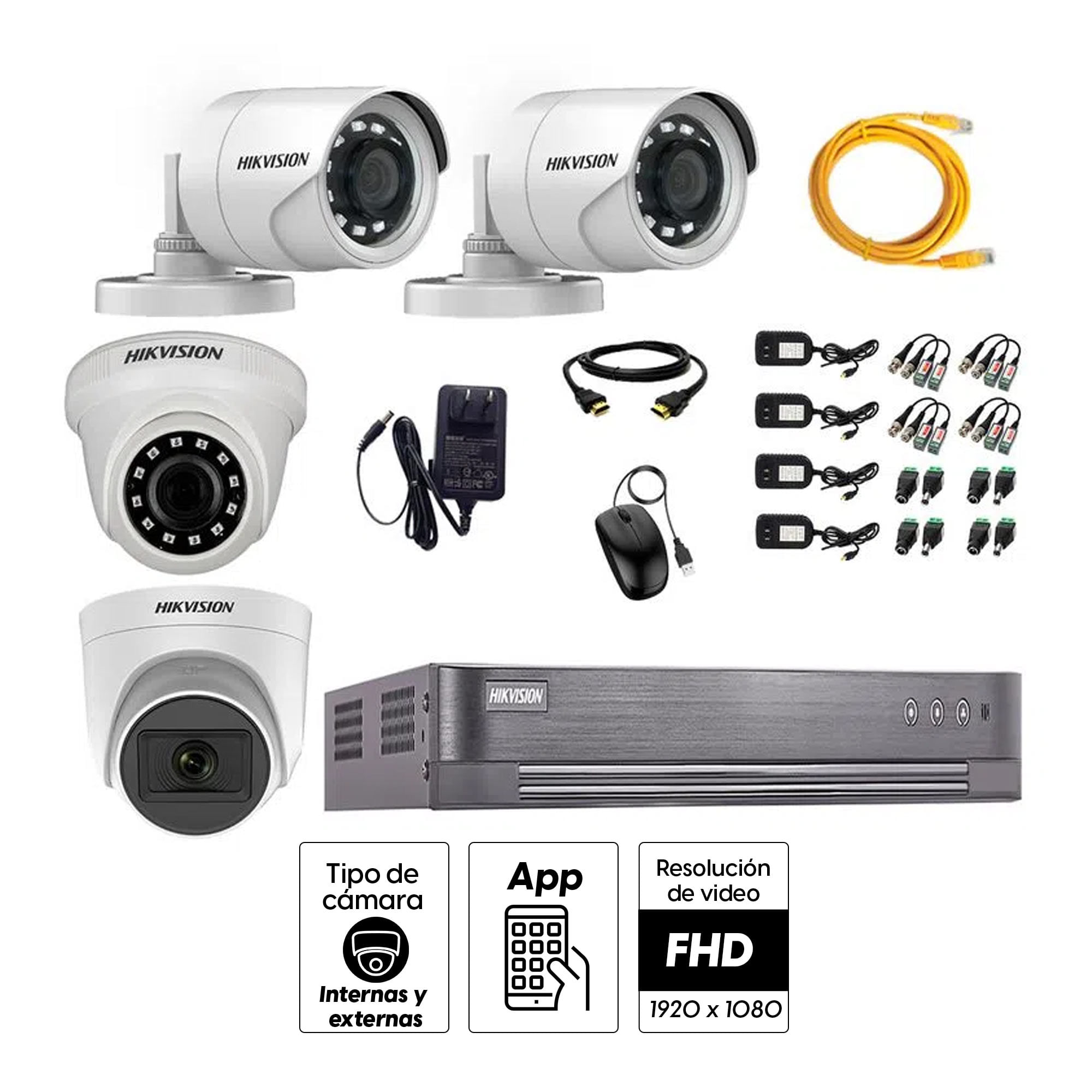 Imagen 2 del producto Kit de seguridad Hikvision 1 cámara Domo (micrófono incorporado) 1080P + 1 cámara Domo Turbo 1080P + 2 cámaras Tubo Turbo 1080P + dvr