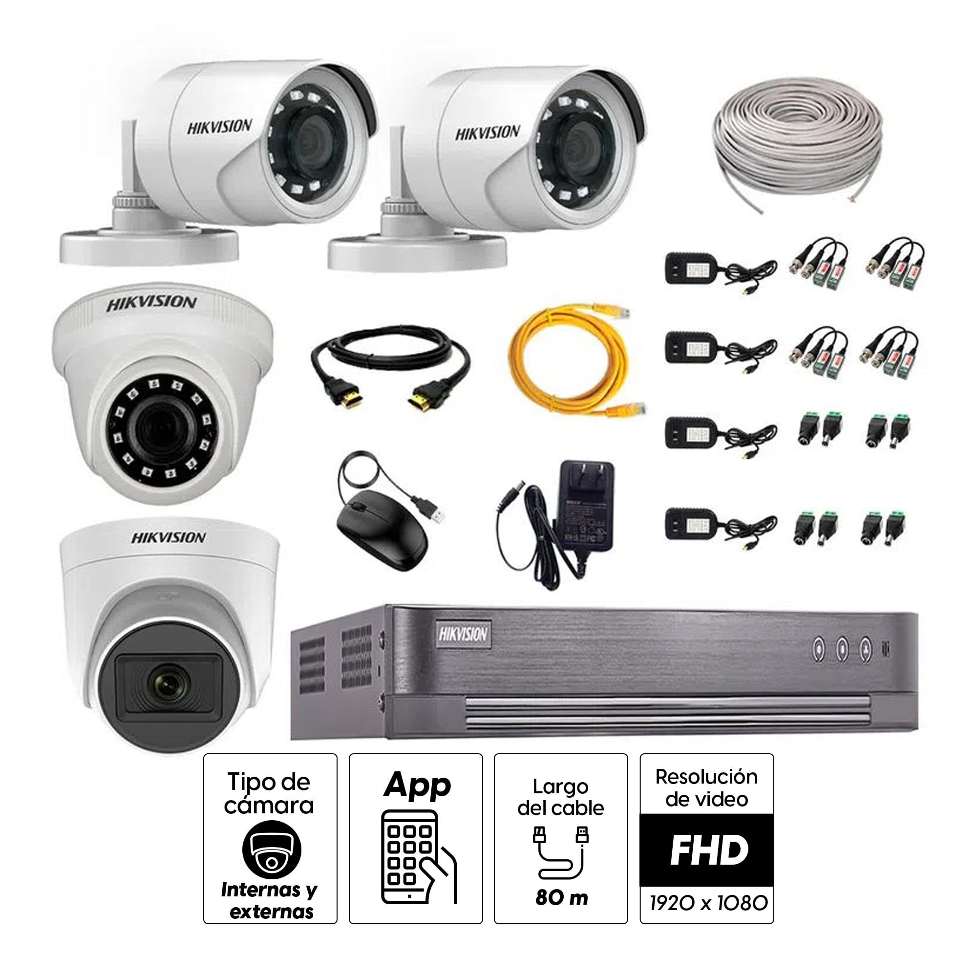 Imagen 2 del producto Kit de seguridad Hikvision 1 cámara Domo (micrófono incorporado) 1080P + 1 cámara Domo Turbo 1080P + 2 cámaras Tubo Turbo 1080P + dvr