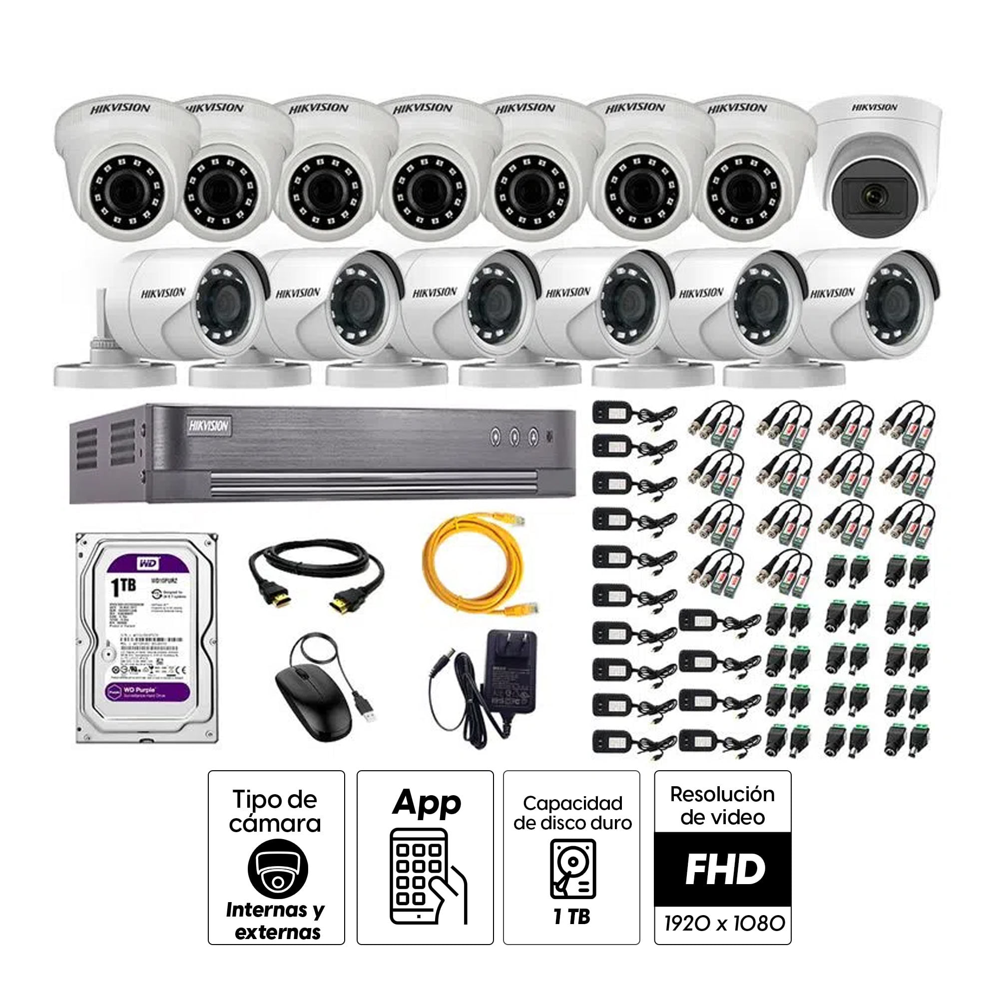 Imagen 2 del producto Kit de seguridad Hikvision 1 cámara Domo (micrófono incorporado) 1080P + 7 cámaras Domo Turbo 1080P + 6 cámaras Tubo Turbo 1080P + dvr + disco 1TB