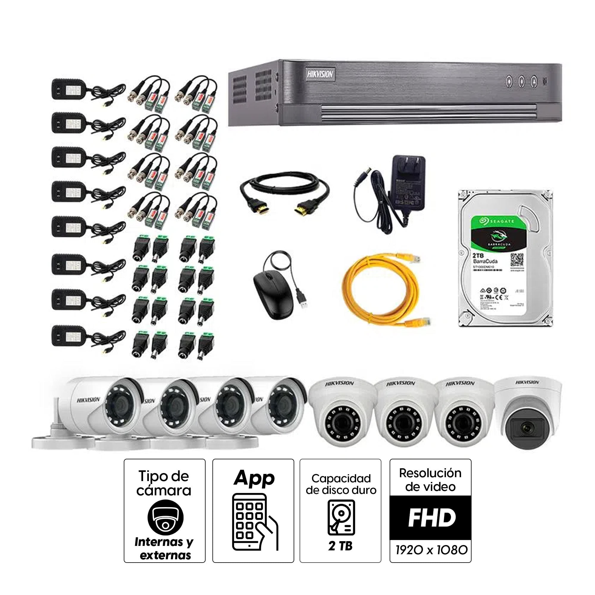 Imagen 2 del producto Kit de seguridad Hikvision 1 cámara Domo (micrófono incorporado) 1080P + 3 cámaras Domo Turbo 1080P + 4 cámaras Tubo Turbo 1080P + dvr + disco 2TB
