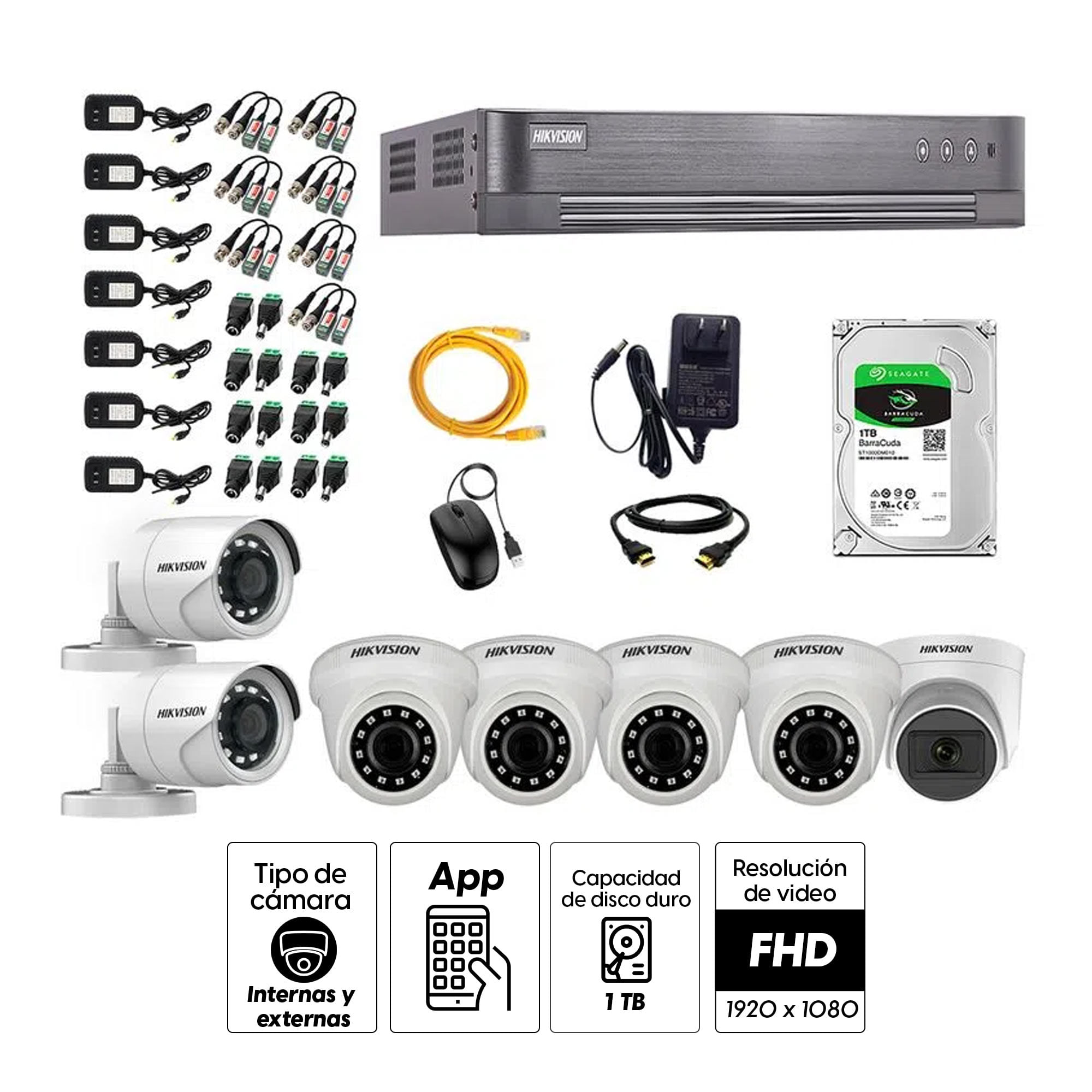 Imagen 2 del producto Kit de seguridad Hikvision 1 cámara Domo (micrófono incorporado) 1080P + 4 cámaras Domo Turbo 1080P + 2 cámaras Tubo Turbo 1080P + dvr + disco 1TB