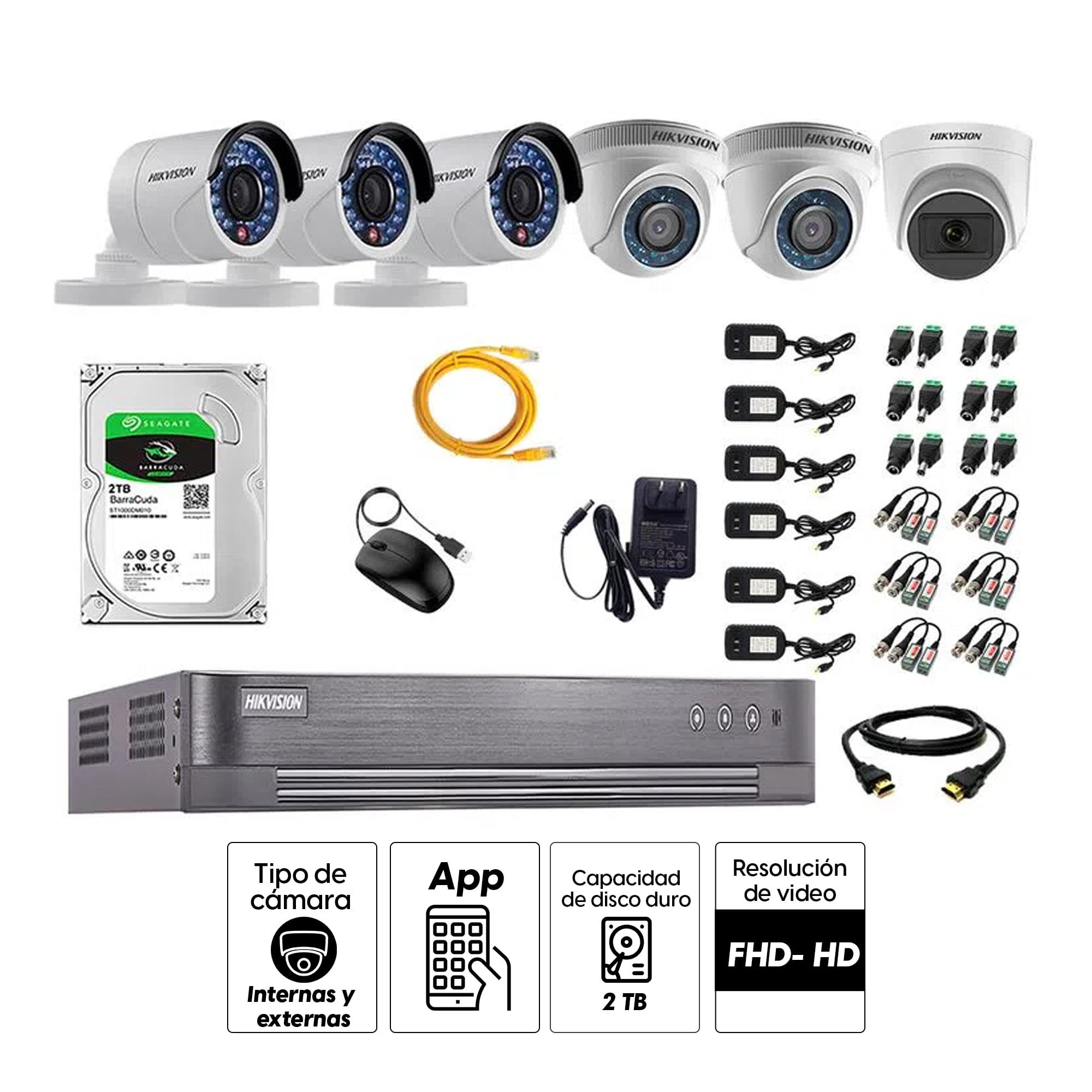 Imagen 2 del producto Kit de seguridad Hikvision 1 cámara Domo (micrófono incorporado) 1080P + 2 cámaras Domo Turbo 720P + 3 cámaras Tubo Turbo 720P + dvr + disco 2TB