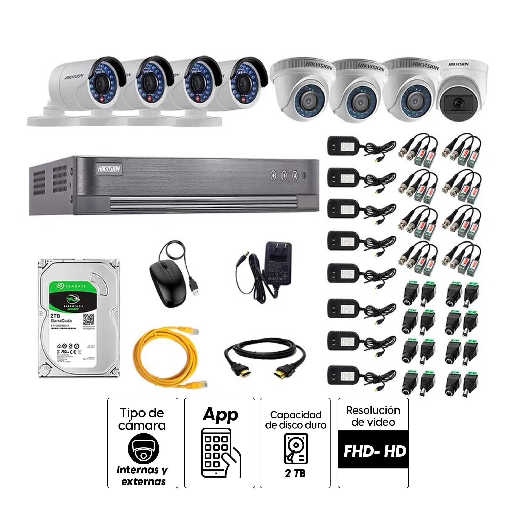 Imagen 2 del producto Kit de seguridad Hikvision 1 cámara Domo (micrófono incorporado) 1080P + 3 cámaras Domo Turbo 720P + 4 cámaras Tubo Turbo 720P + dvr + disco 2TB