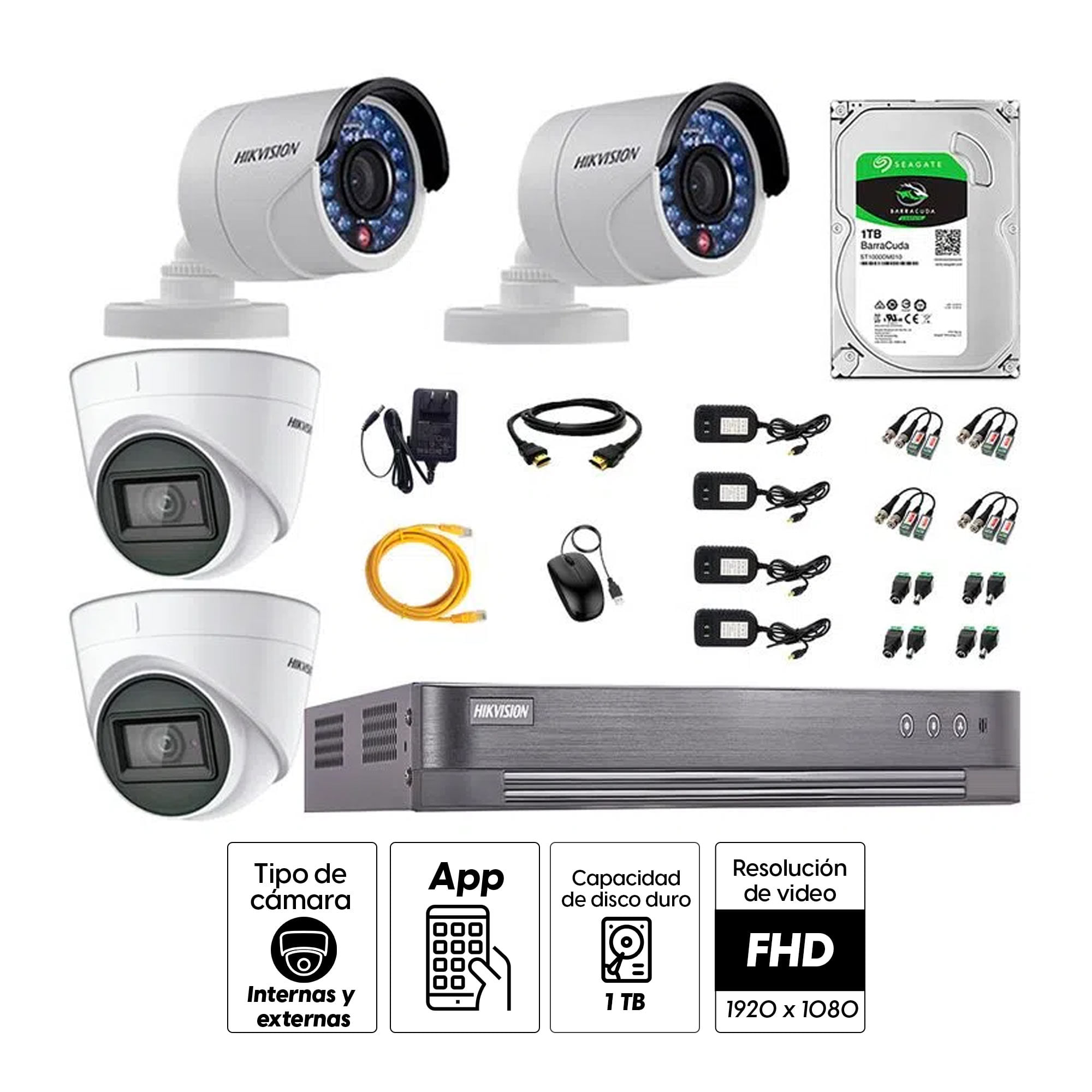 Imagen 2 del producto Kit de seguridad Hikvision 2 cámaras Domo (audio incorporado) 1080P + 2 cámaras Tubo 1080P + dvr + disco 1TB
