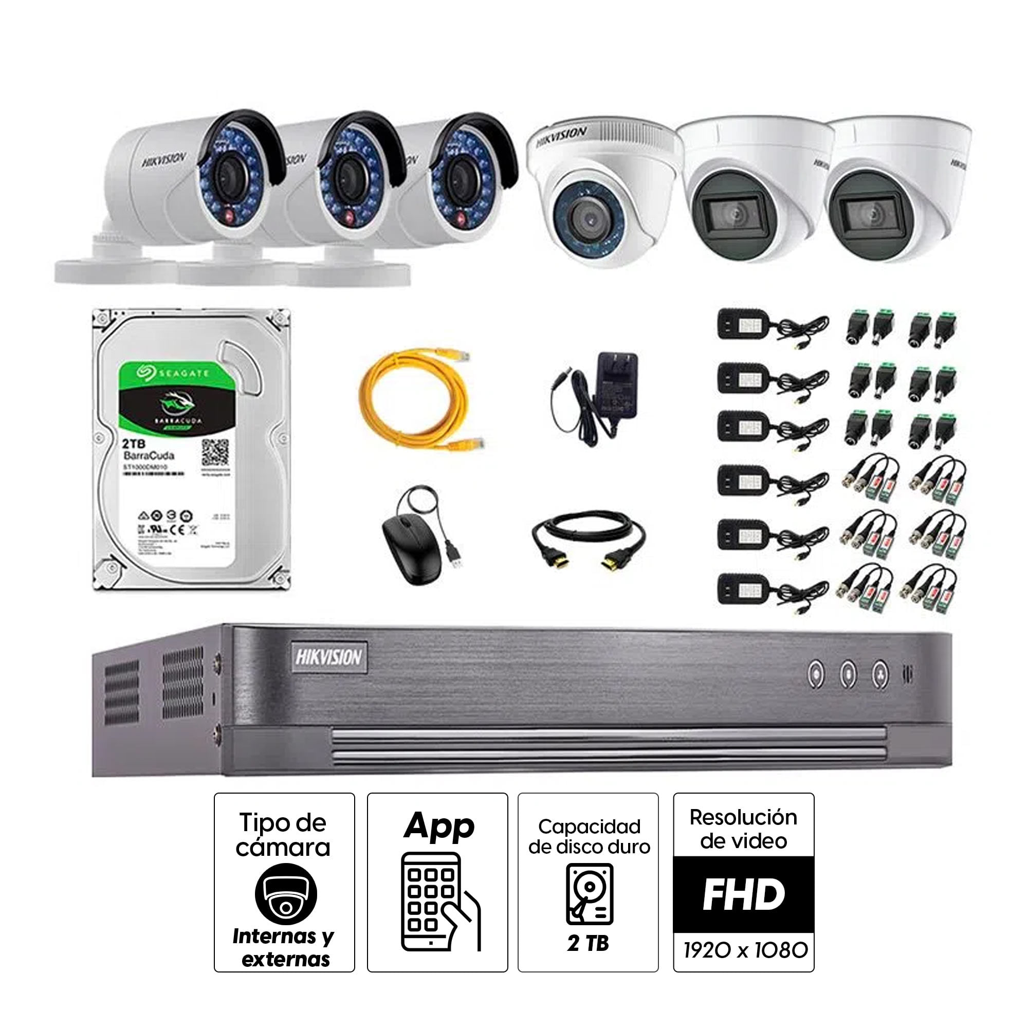 Imagen 2 del producto Kit de seguridad Hikvision 2 cámaras Domo (audio incorporado) 1080P + 1 cámara Domo 1080P + 3 cámaras Tubo 1080P + dvr + disco 2TB