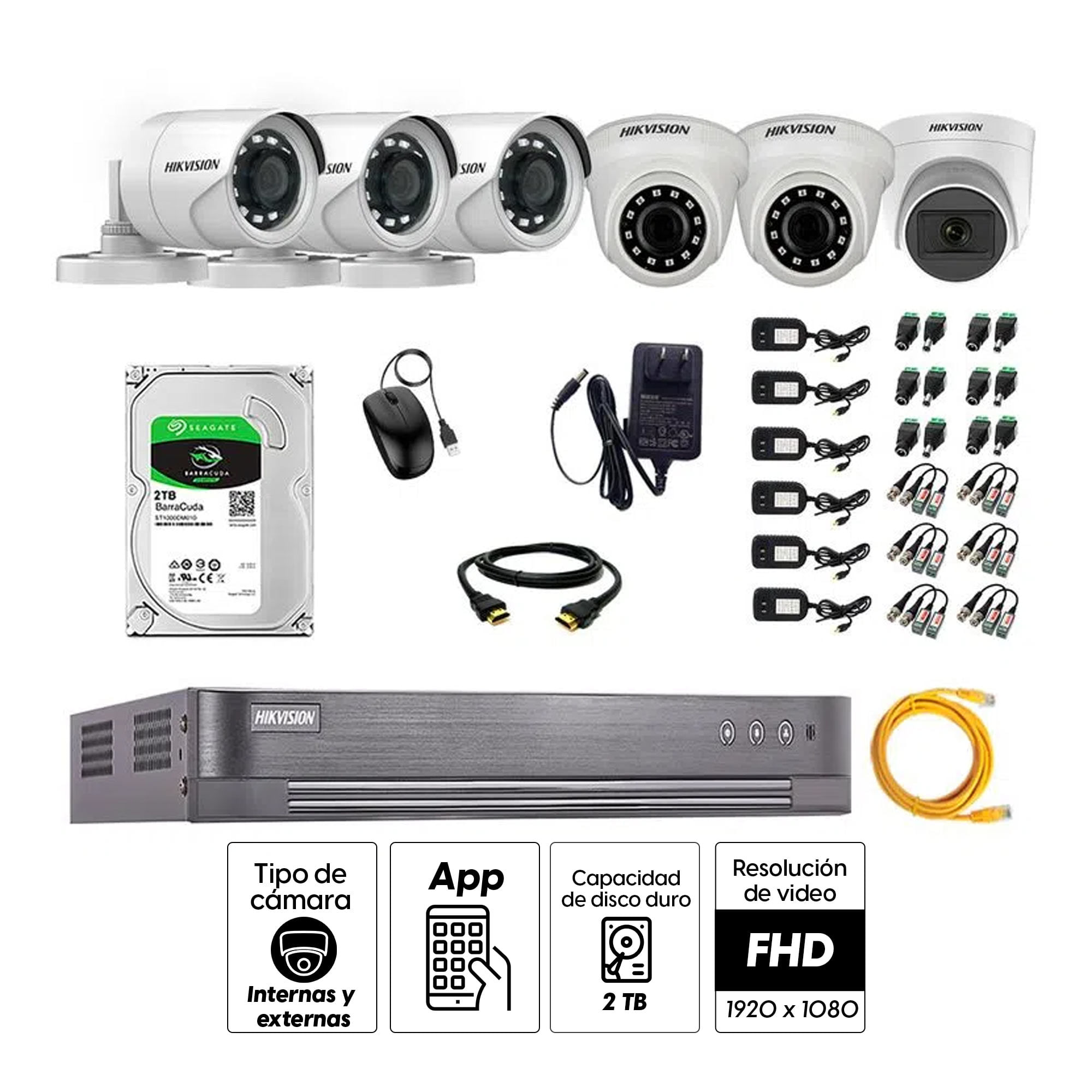 Imagen 2 del producto Kit de seguridad Hikvision 1 cámara Domo (micrófono incorporado) 1080P + 2 cámaras Domo Turbo 1080P + 3 cámaras Tubo Turbo 1080P + dvr + disco 2TB