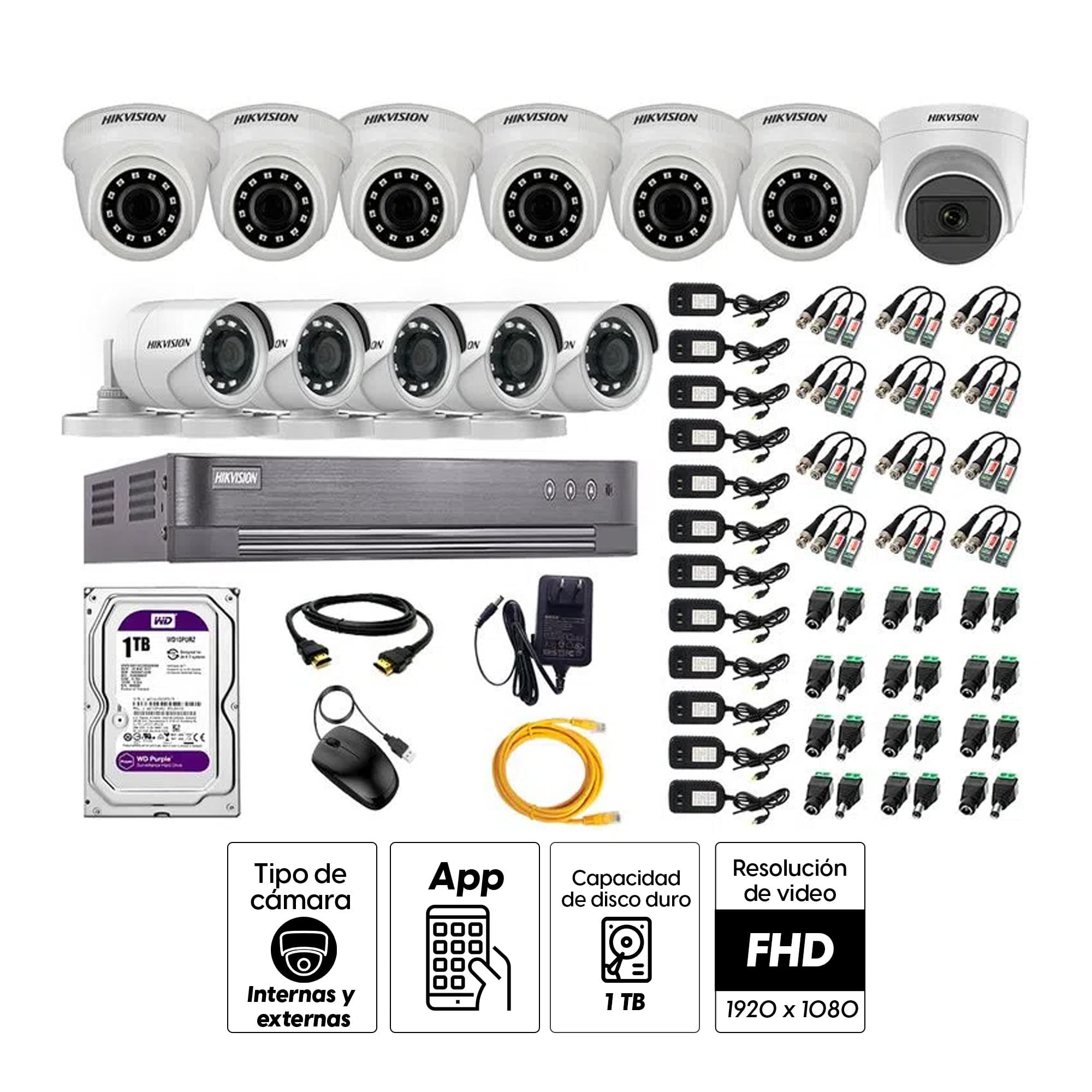 Imagen 2 del producto Kit de seguridad Hikvision 1 cámara Domo (micrófono incorporado) 1080P + 6 cámaras Domo Turbo 1080P + 5 cámaras Tubo Turbo 1080P + dvr + disco 1TB
