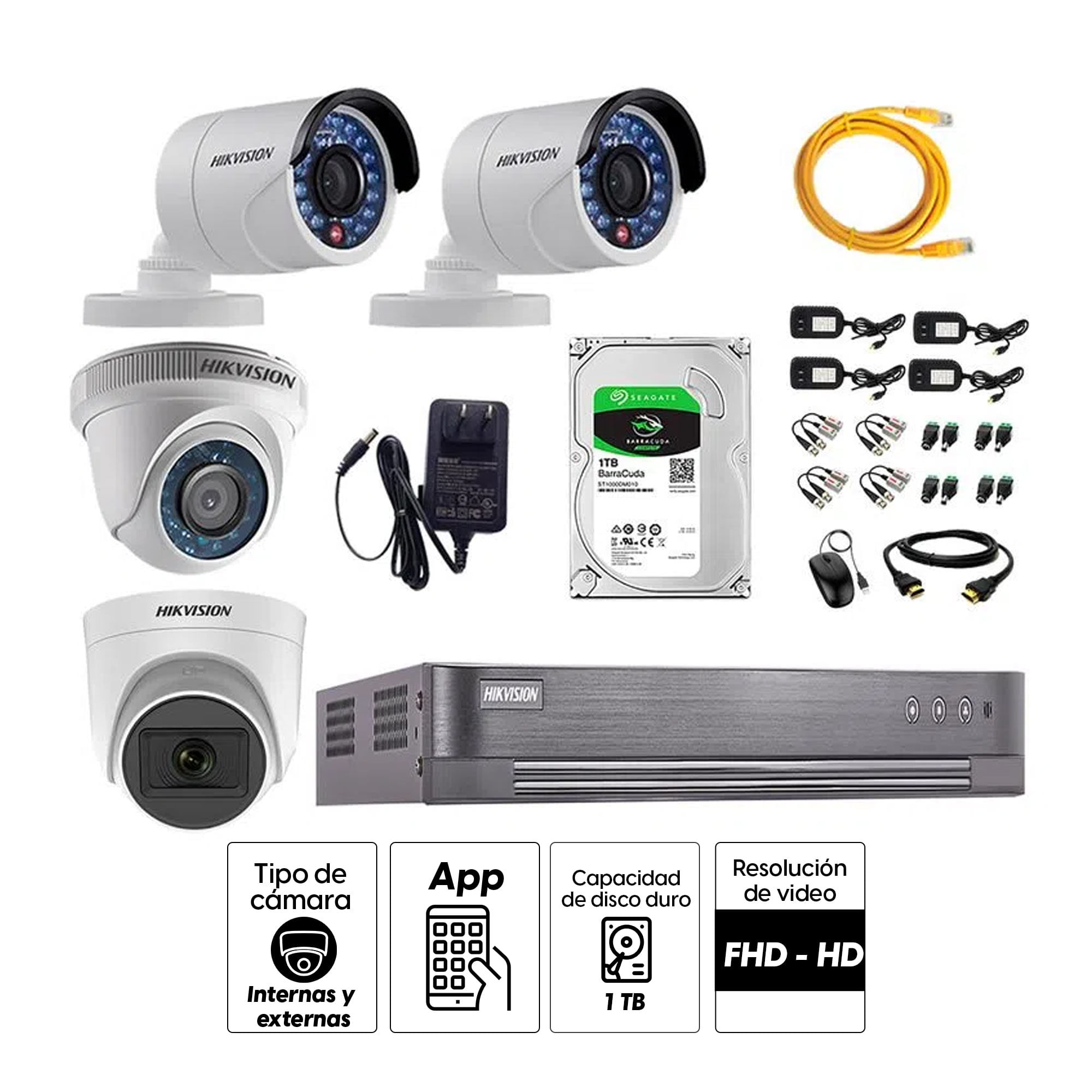 Imagen 2 del producto Kit de seguridad Hikvision 1 cámara Domo (micrófono incorporado) 1080P + 1 cámara Domo Turbo 720P + 2 cámaras Tubo Turbo 720P + dvr + disco 1TB