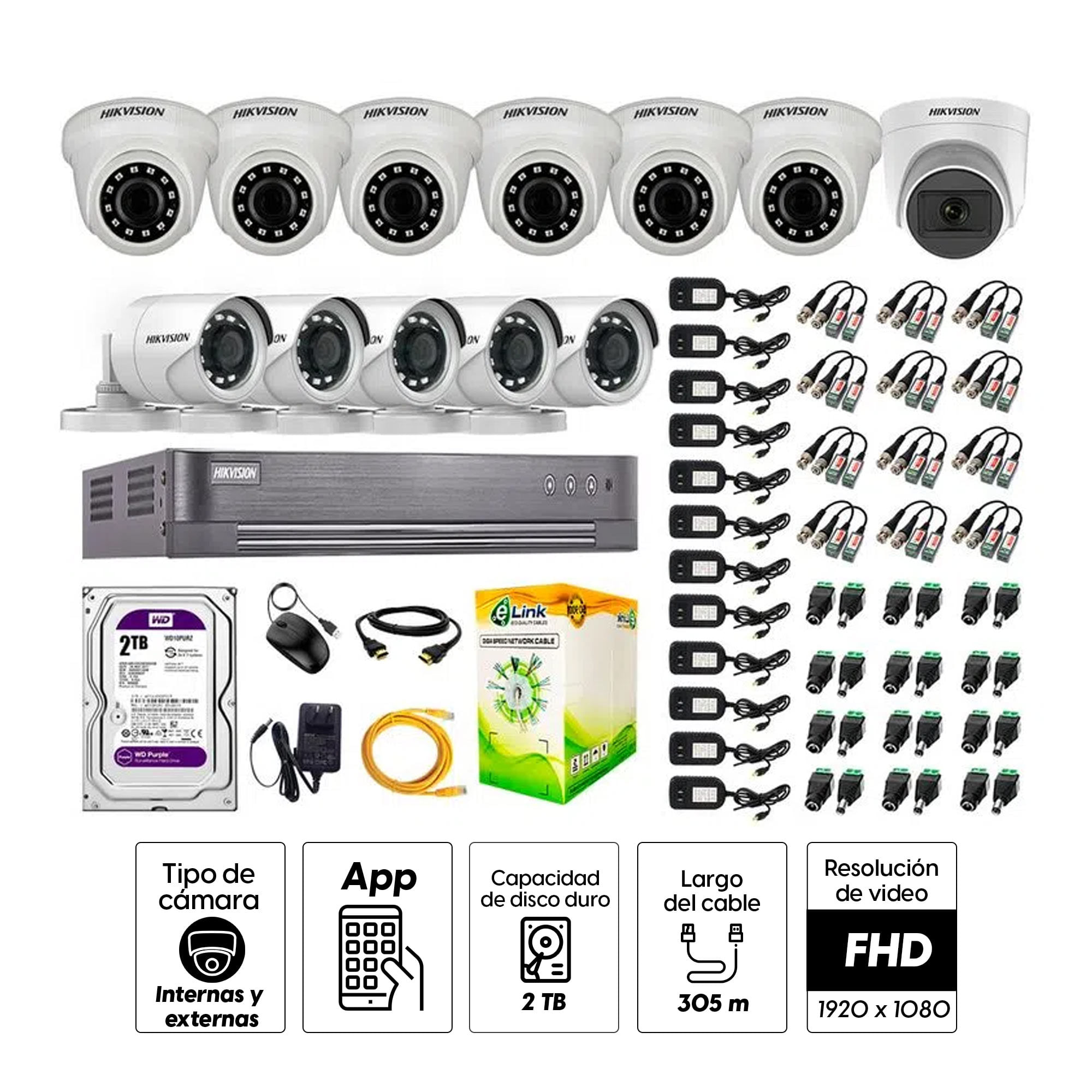 Imagen 2 del producto Kit de seguridad Hikvision 1 cámara Domo (micrófono incorporado) 1080P + 6 cámaras Domo Turbo 1080P + 5 cámaras Tubo Turbo 1080P + dvr + disco 2TB