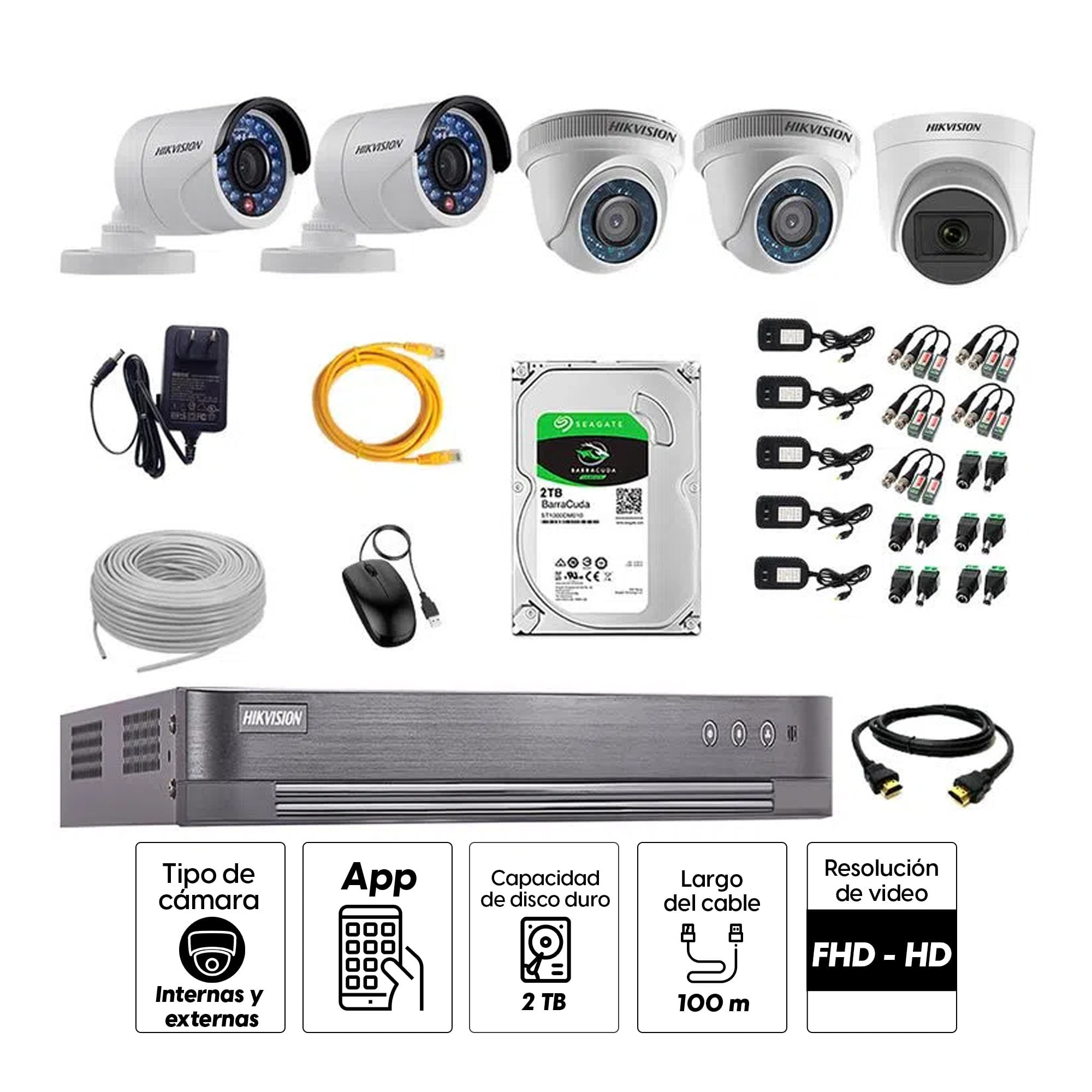 Imagen 2 del producto Kit de seguridad Hikvision 1 cámara Domo (micrófono incorporado) 1080P + 2 cámaras Domo Turbo 720P + 2 cámaras Tubo Turbo 720P + dvr + disco 2TB