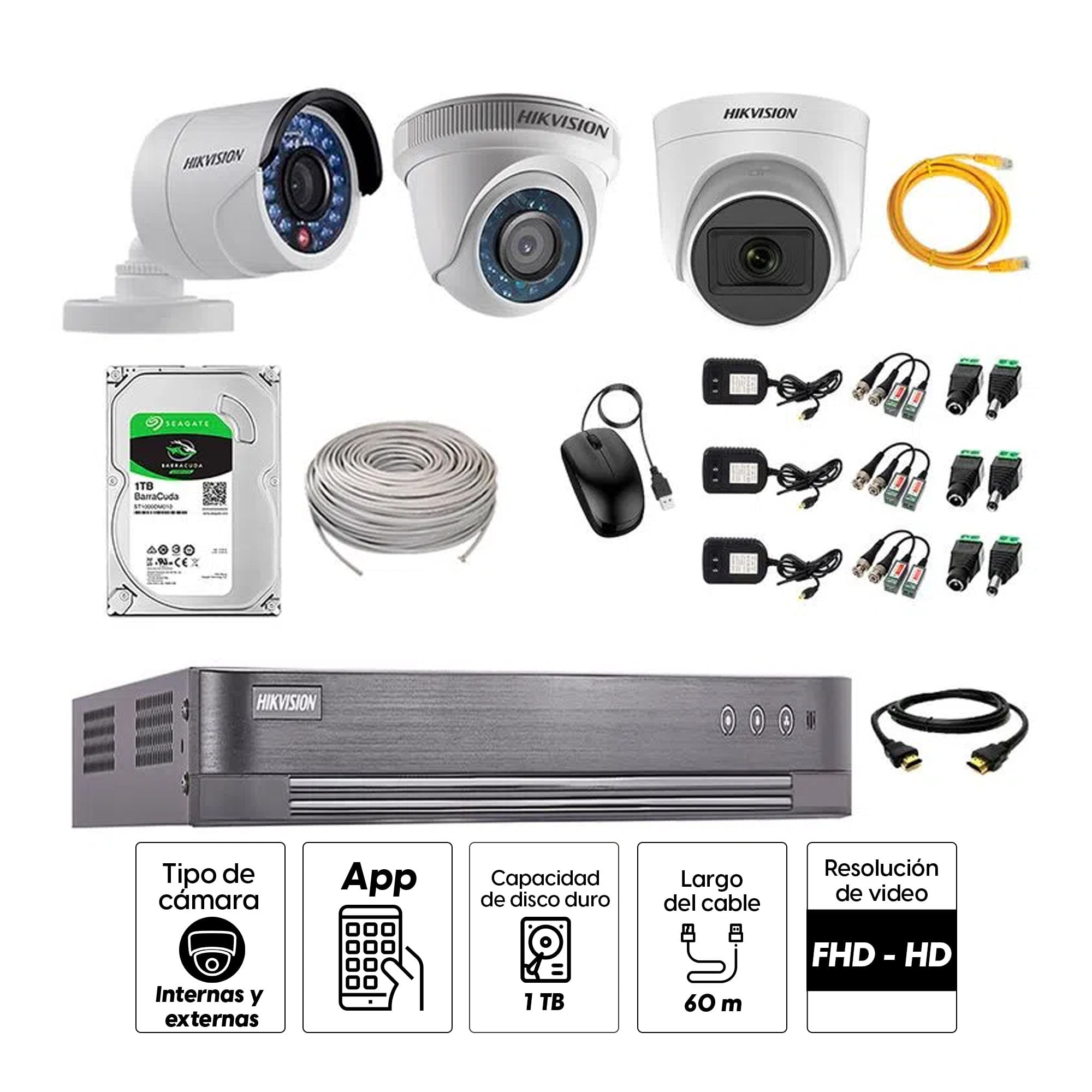 Imagen 2 del producto Kit de seguridad Hikvision 1 cámara Domo (micrófono incorporado) 1080P + 1 cámara Domo Turbo 720P + 1 cámara Tubo Turbo 720P + dvr + disco 1TB