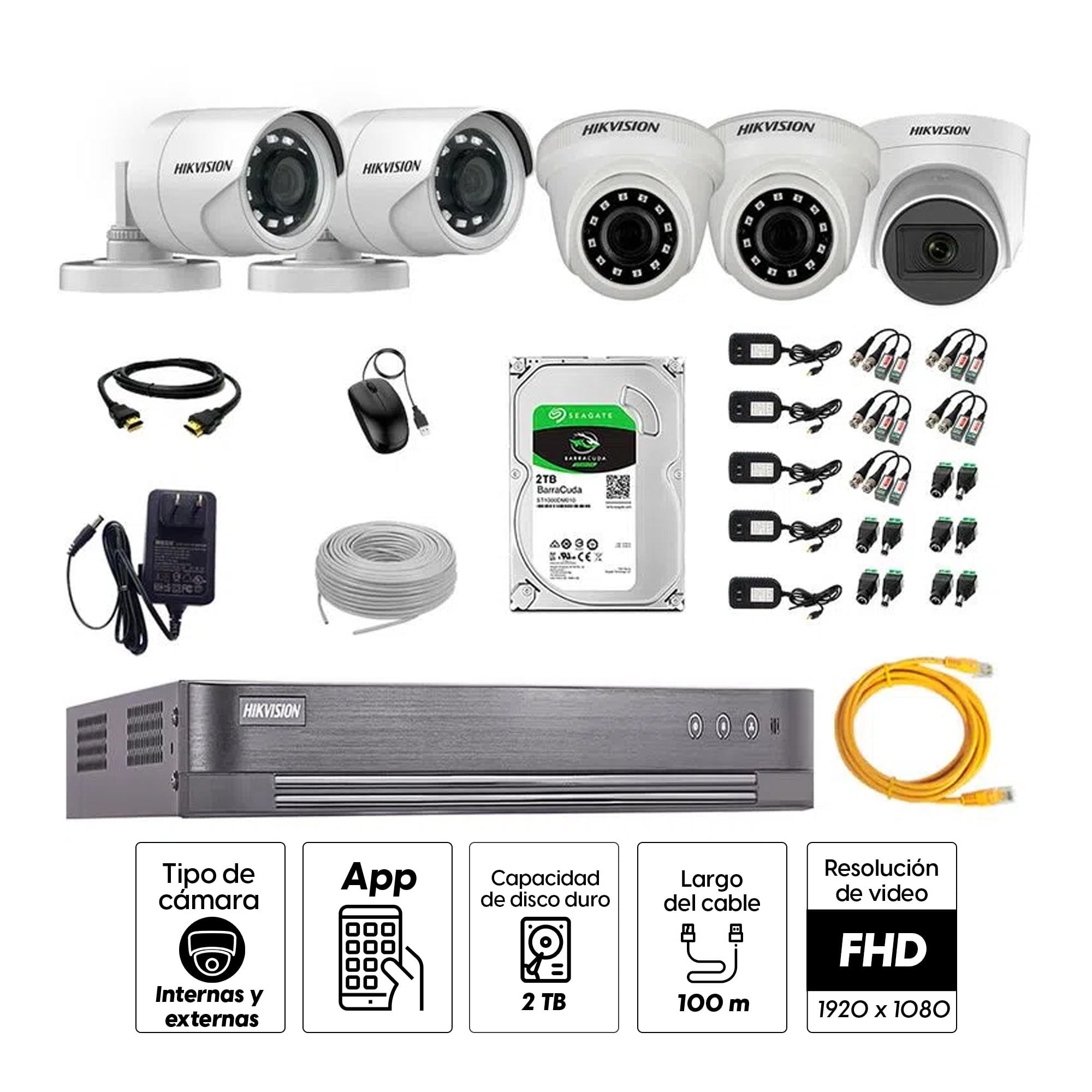Imagen 2 del producto Kit de seguridad Hikvision 1 cámara Domo (micrófono incorporado) 1080P + 2 cámaras Tubo Turbo 1080P + 2 cámaras Domo Turbo 1080P + dvr + disco 2TB