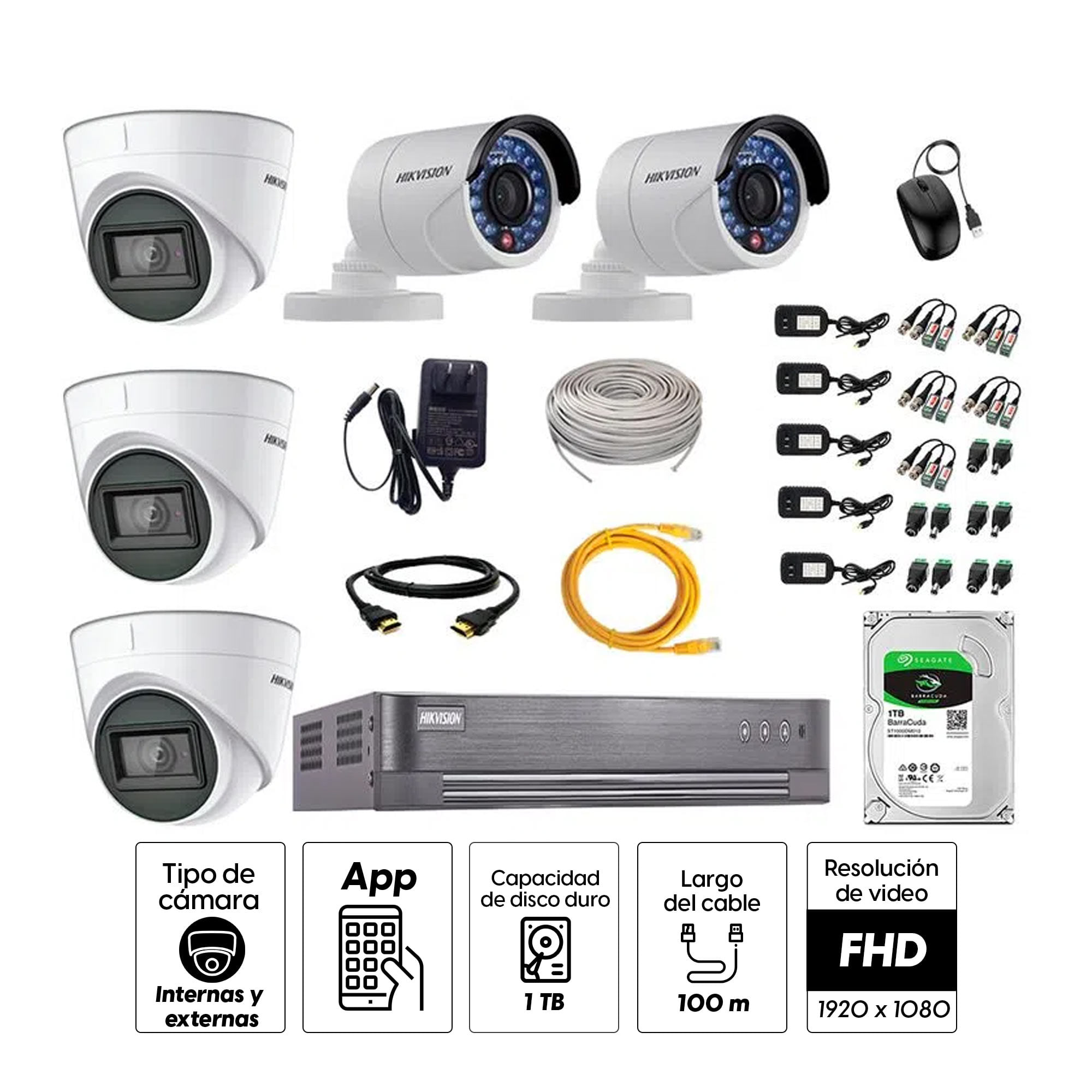 Imagen 2 del producto Kit de seguridad Hikvision 3 cámaras Domo (audio incorporado) 1080P + 2 cámaras Tubo 1080P + dvr + disco 1TB