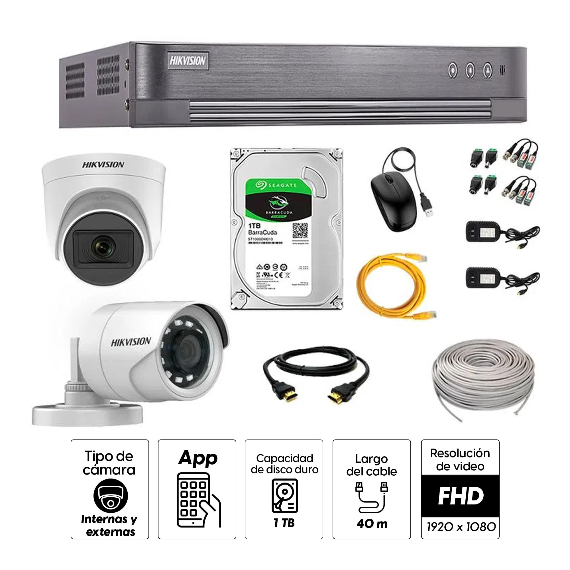 Imagen 2 del producto Kit de seguridad Hikvision 1 cámara Domo (micrófono incorporado) 1080P + 1 cámara Tubo Turbo 1080P + dvr + disco 1TB