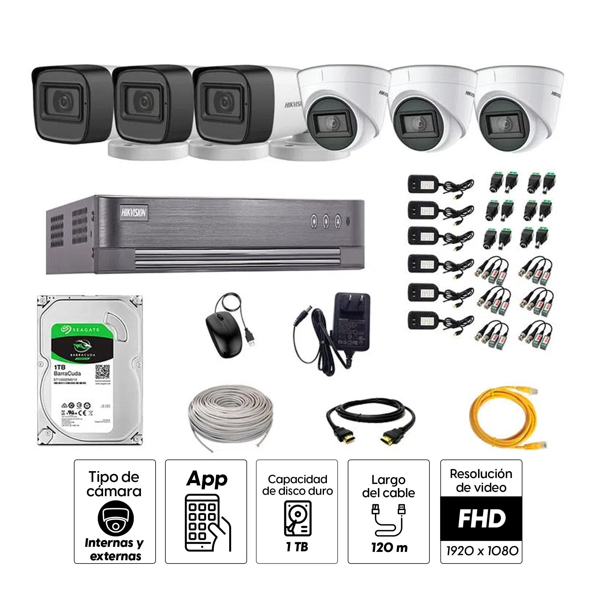 Imagen 2 del producto Kit de seguridad Hikvision 3 cámaras Domo (audio incorporado) 1080P + 3 cámaras Tubo (audio incorporado) 1080P + dvr + disco 1TB