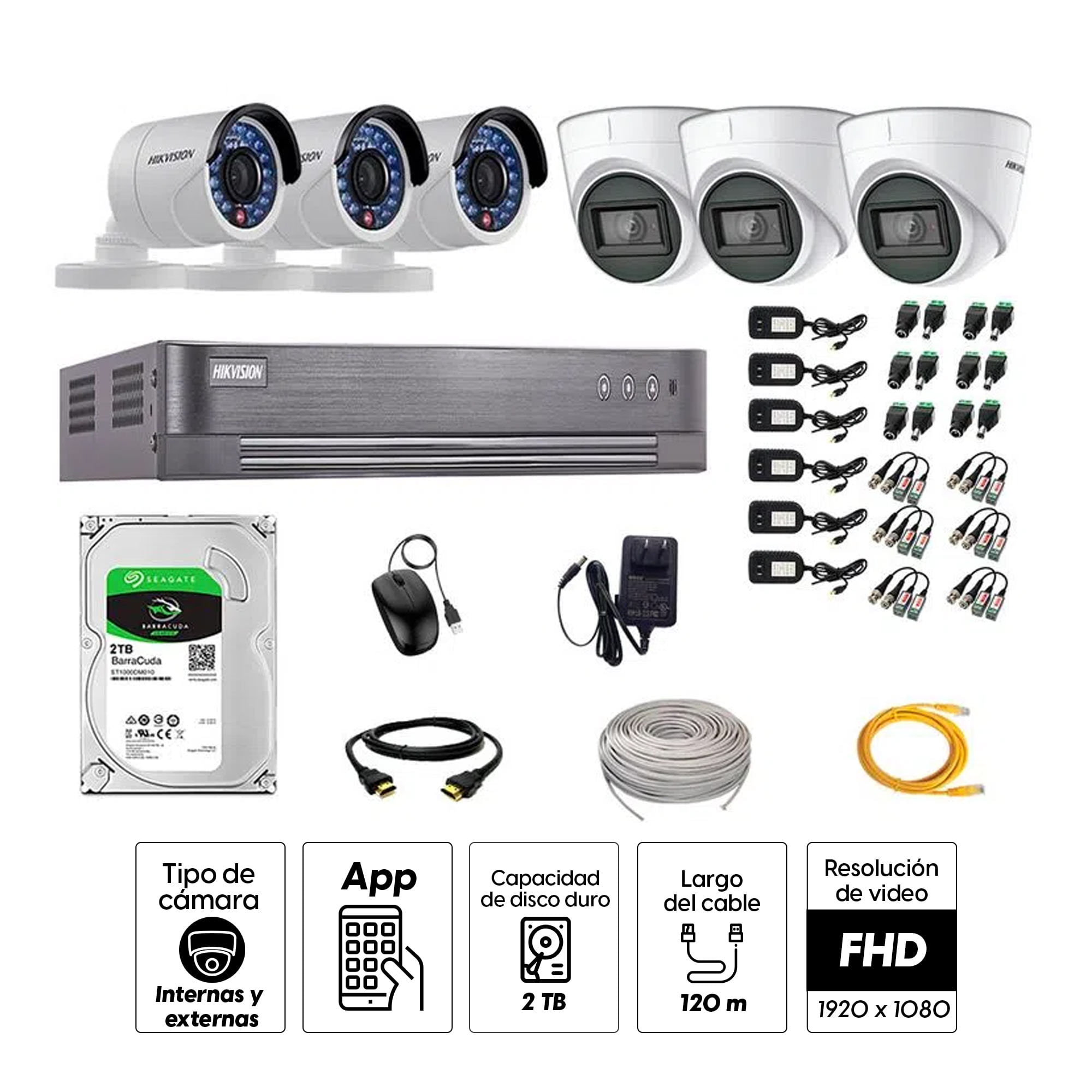 Imagen 2 del producto Kit de seguridad Hikvision 3 cámaras Domo (audio incorporado) 1080P + 3 cámaras Tubo 1080P + dvr + disco 2TB
