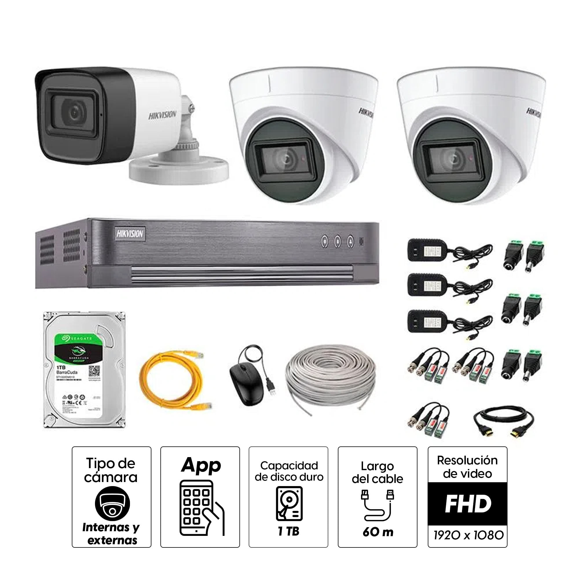Imagen 2 del producto Kit de seguridad Hikvision 2 cámaras Domo (audio incorporado) 1080P + 1 cámara Tubo (audio incorporado) 1080P + dvr + disco 1TB