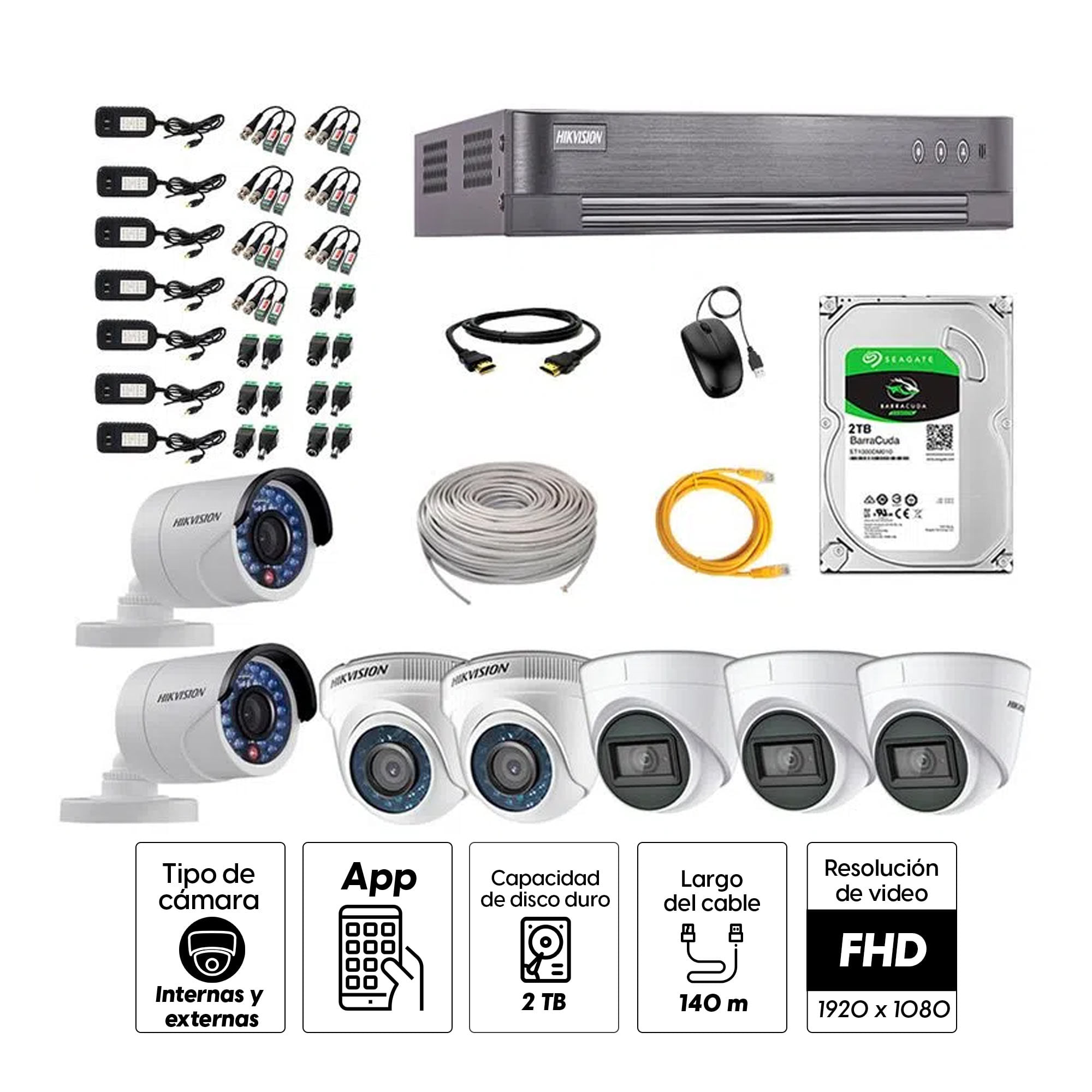 Imagen 2 del producto Kit de seguridad Hikvision 3 cámaras Domo (audio incorporado) 1080P + 2 cámaras Domo 1080P + 2 cámaras Tubo 1080P + dvr + disco 2TB