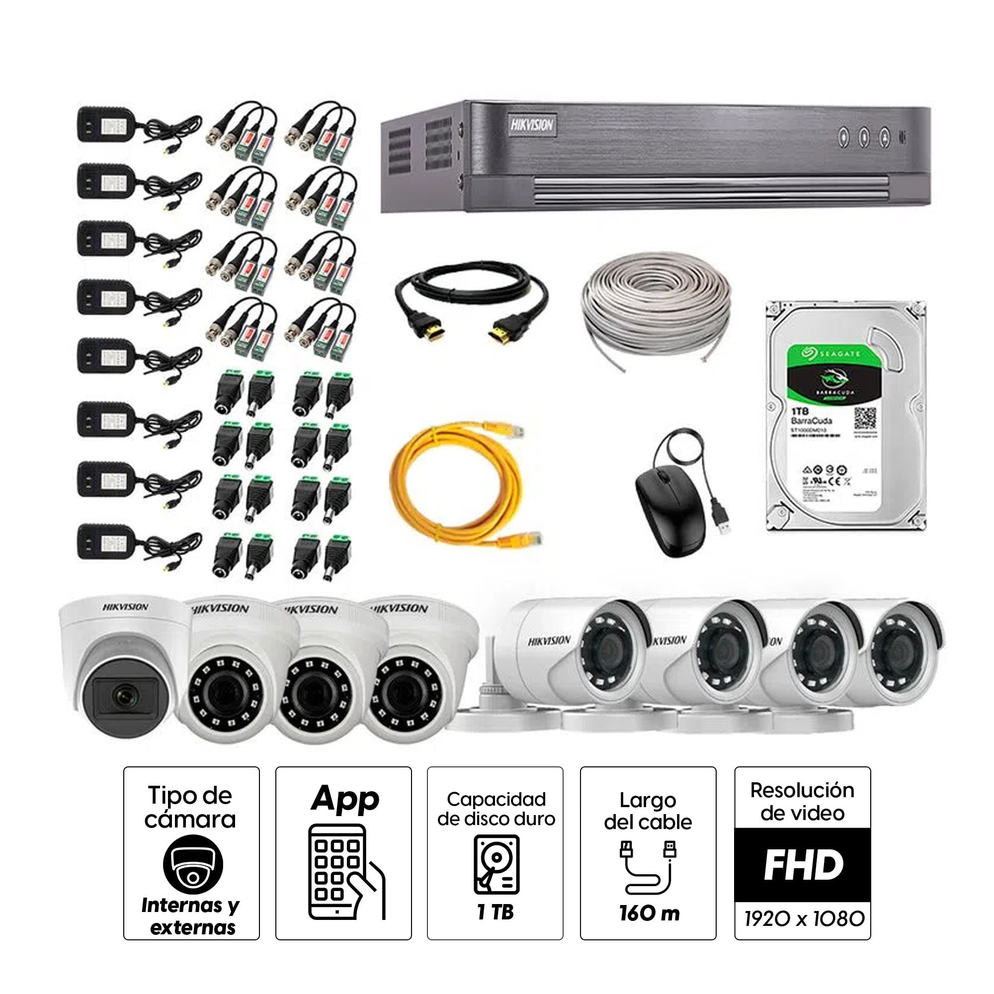 Imagen 2 del producto Kit de seguridad Hikvision 1 cámara Domo (micrófono incorporado) 1080P + 3 cámaras Domo Turbo 1080P + 4 cámaras Tubo Turbo 1080P + dvr + disco 1TB
