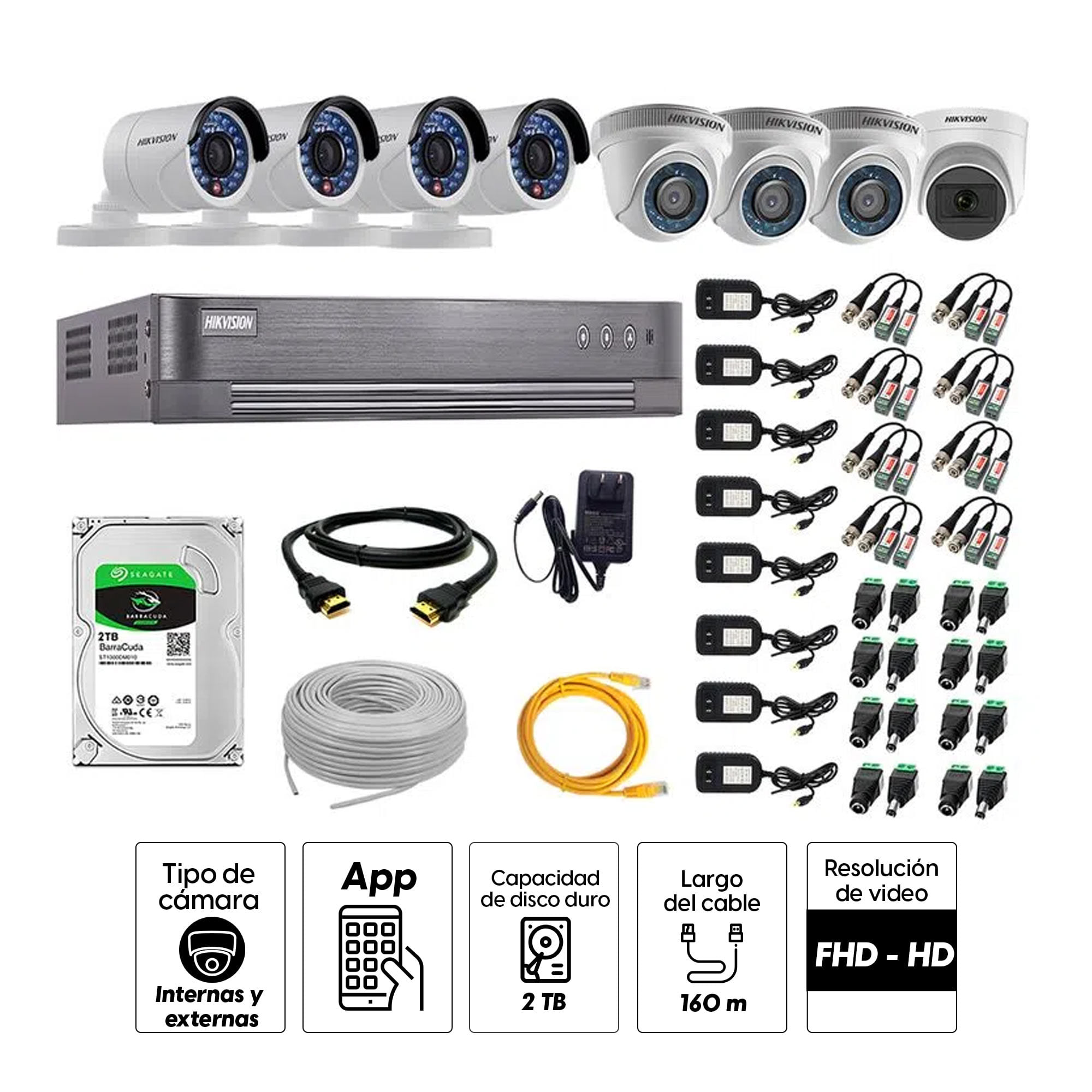Imagen 2 del producto Kit de seguridad Hikvision 1 cámara Domo (micrófono incorporado) 1080P + 3 cámaras Domo Turbo 720P + 4 cámaras Tubo Turbo 720P + dvr + disco 2TB