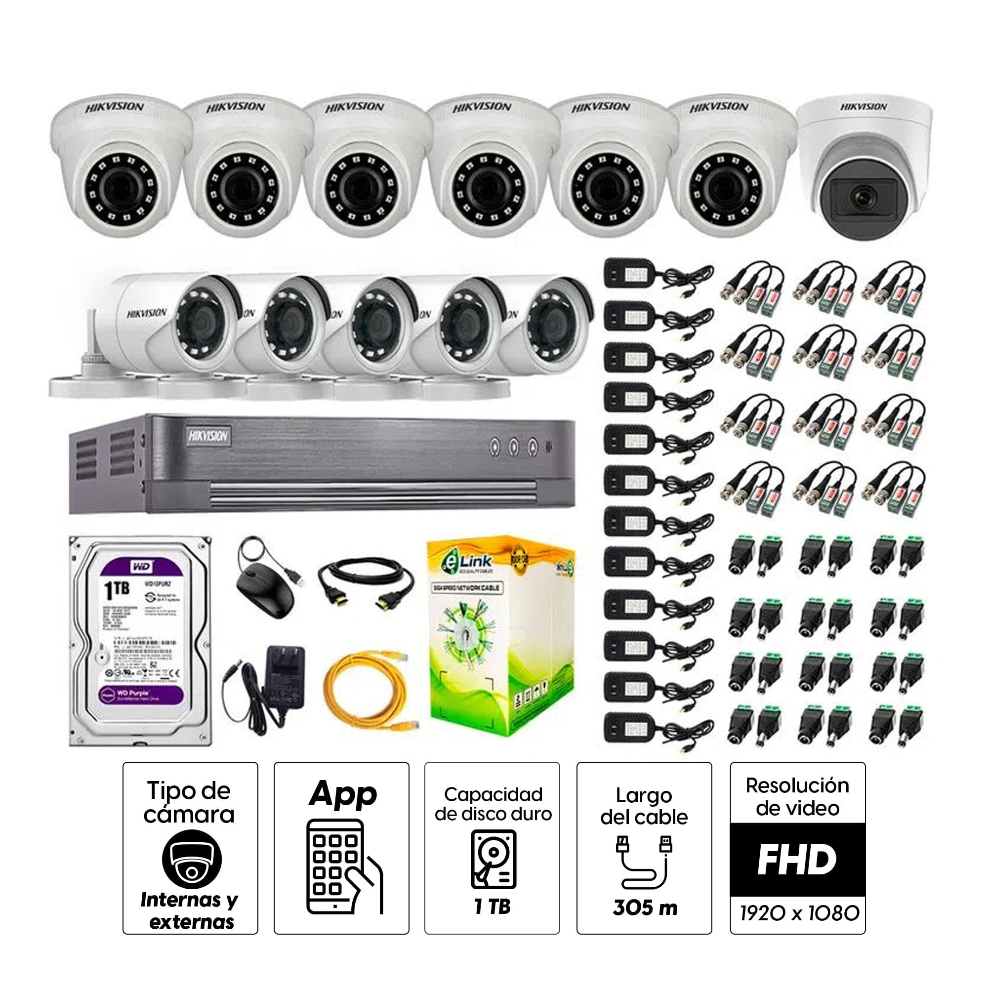 Imagen 2 del producto Kit de seguridad Hikvision 1 cámara Domo (micrófono incorporado) 1080P + 6 cámaras Domo Turbo 1080P + 5 cámaras Tubo Turbo 1080P + dvr + disco 1TB
