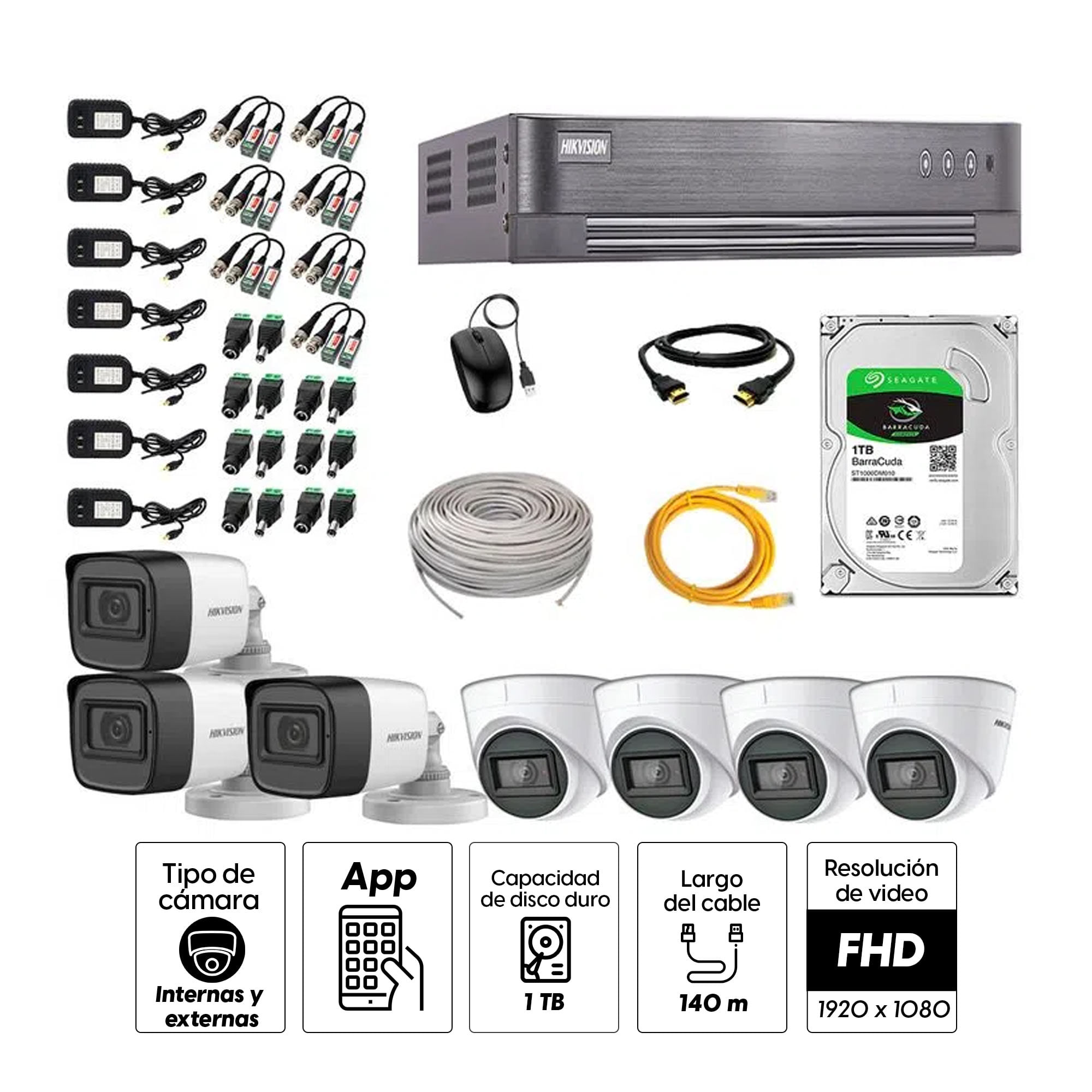 Imagen 2 del producto Kit de seguridad Hikvision 4 cámaras Domo (audio incorporado) 1080P + 3 cámaras Tubo (audio incorporado) 1080P + dvr + disco 1TB