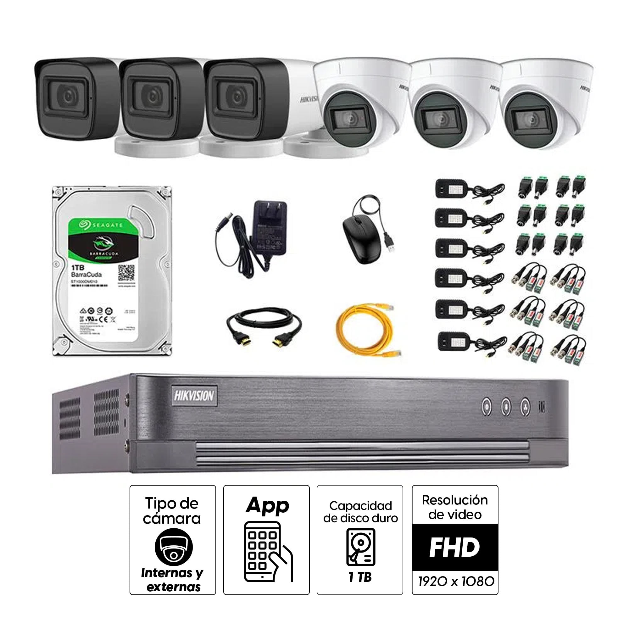 Imagen 2 del producto Kit de seguridad Hikvision 3 cámaras Domo (audio incorporado) 1080P + 3 cámaras Tubo (audio incorporado) 1080P + dvr + disco 1TB
