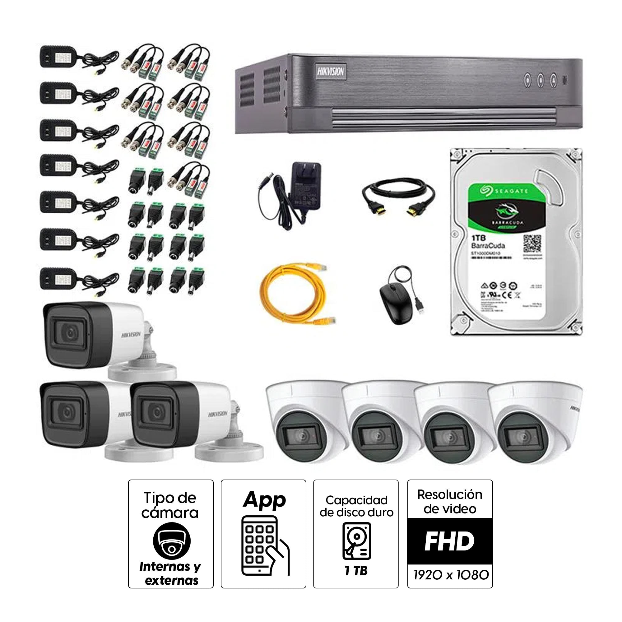 Imagen 2 del producto Kit de seguridad Hikvision 4 cámaras Domo (audio incorporado) 1080P + 3 cámaras Tubo (audio incorporado) 1080P + dvr + disco 1TB