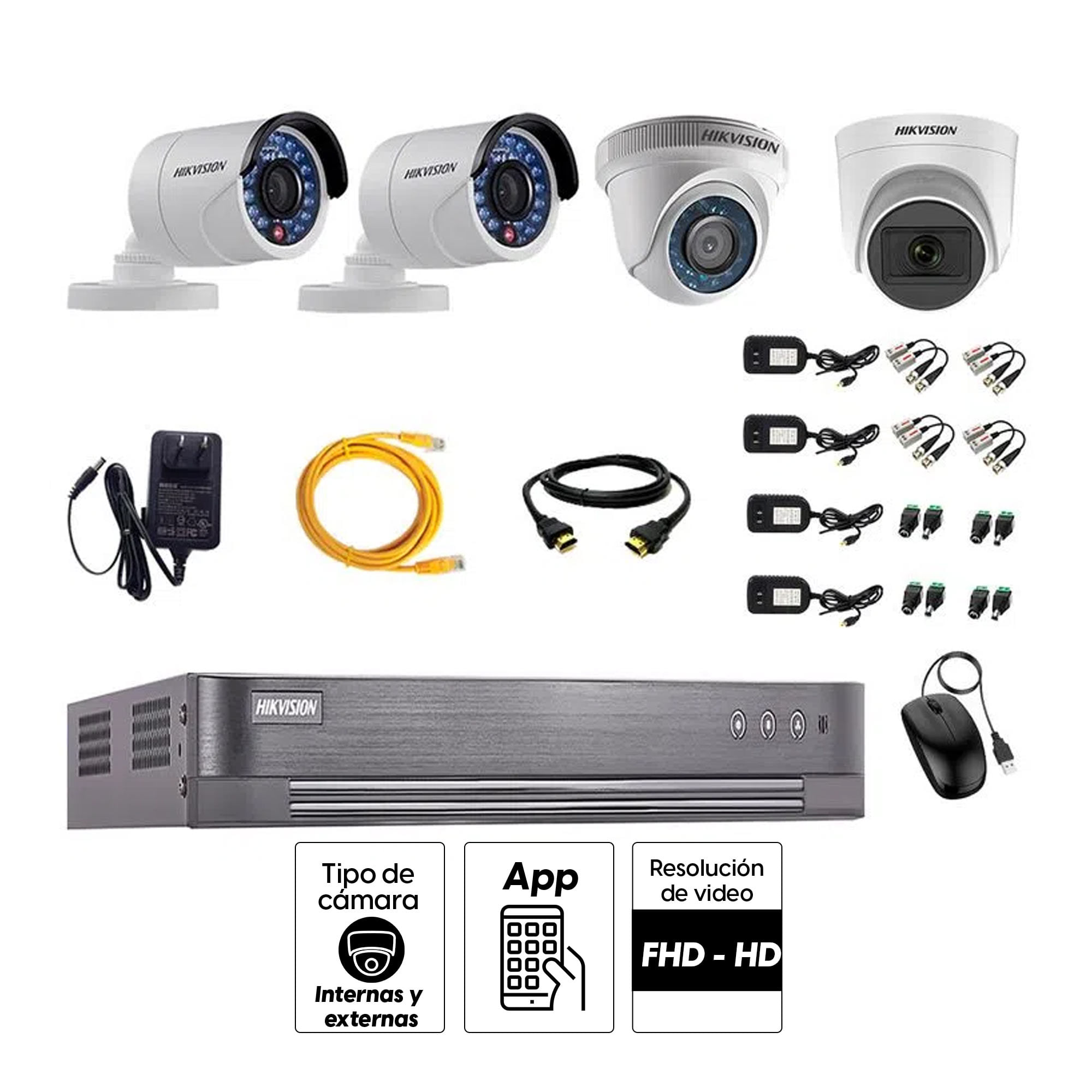 Imagen 2 del producto Kit de seguridad Hikvision 1 cámara Domo (micrófono incorporado) 1080P + 1 cámara Domo Turbo 720P + 2 cámaras Tubo Turbo 720P + dvr