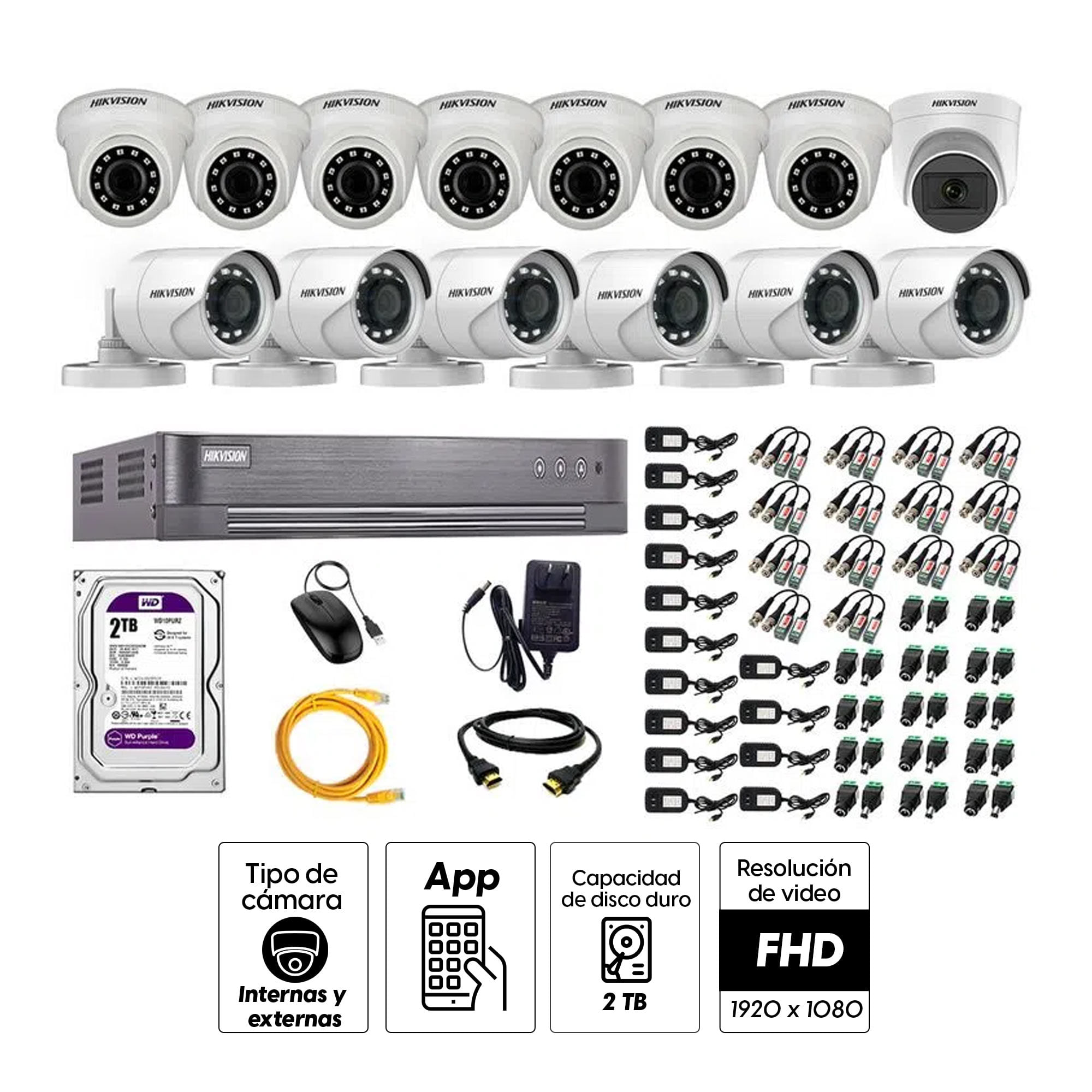 Imagen 2 del producto Kit de seguridad Hikvision 1 cámara Domo (micrófono incorporado) 1080P + 7 cámaras Domo Turbo 1080P + 6 cámaras Tubo Turbo 1080P + dvr + disco 2TB