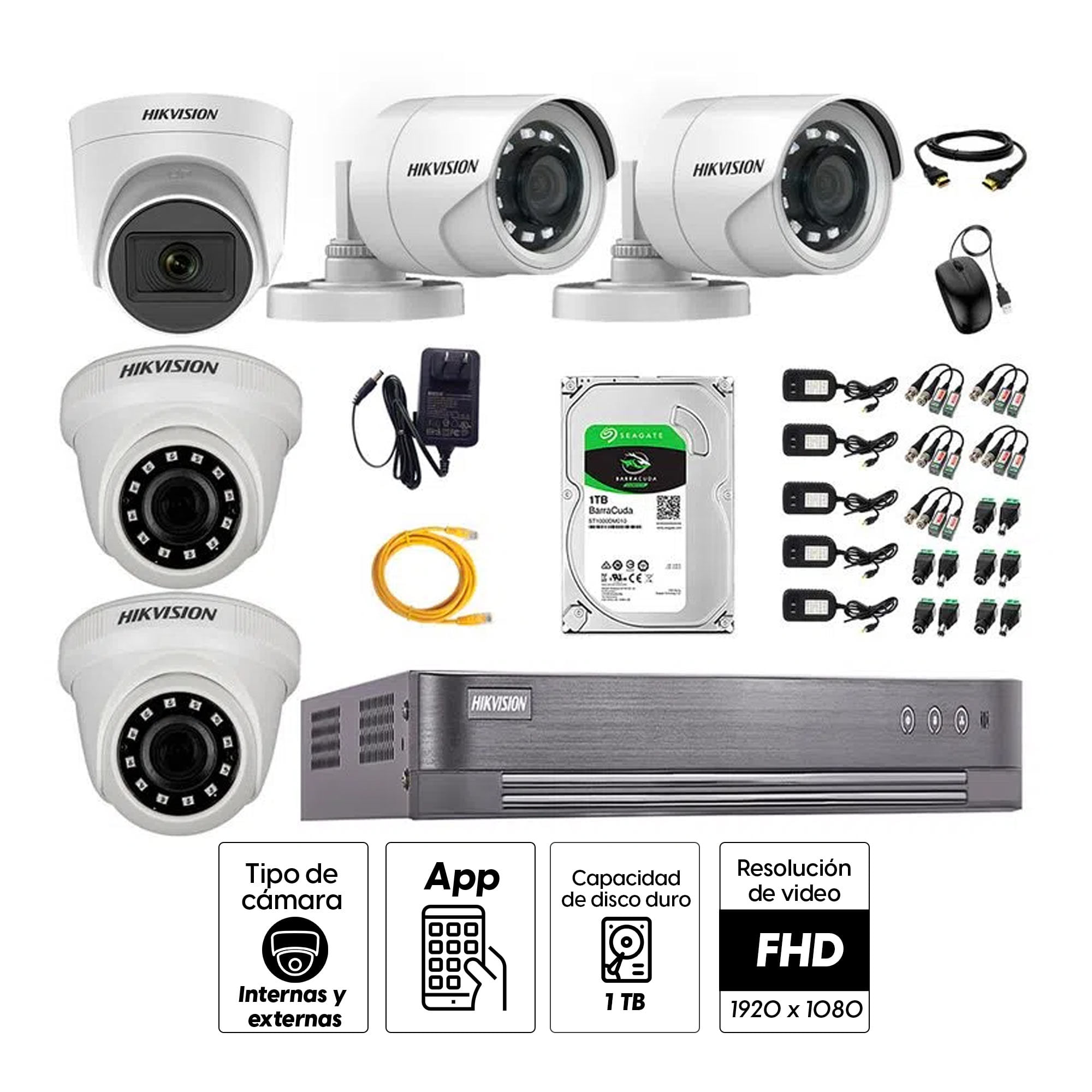 Imagen 2 del producto Kit de seguridad Hikvision 1 cámara Domo (micrófono incorporado) 1080P + 2 cámaras Tubo Turbo 1080P + 2 cámaras Domo Turbo 1080P + dvr + disco 1TB