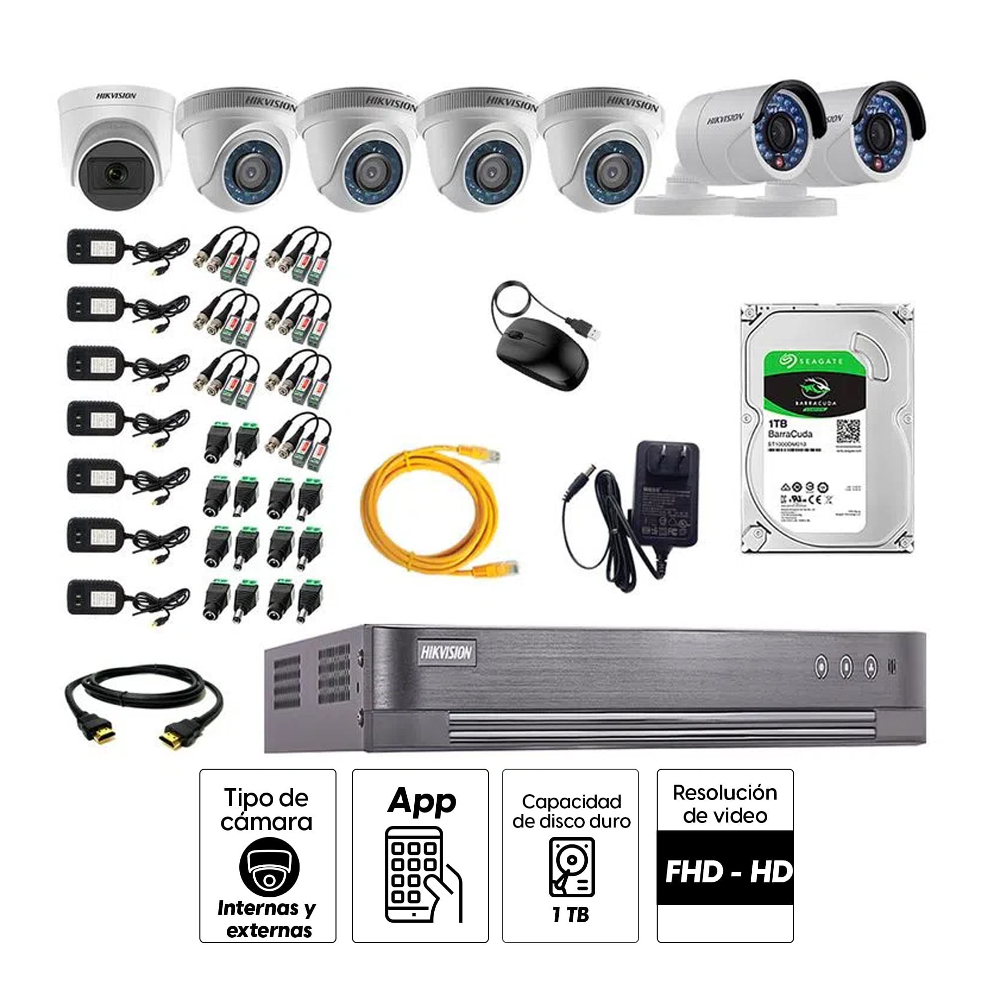 Imagen 2 del producto Kit de seguridad Hikvision 1 cámara Domo (micrófono incorporado) 1080P + 4 cámaras Domo Turbo 720P + 2 cámaras Tubo Turbo 720P + dvr + disco 1TB