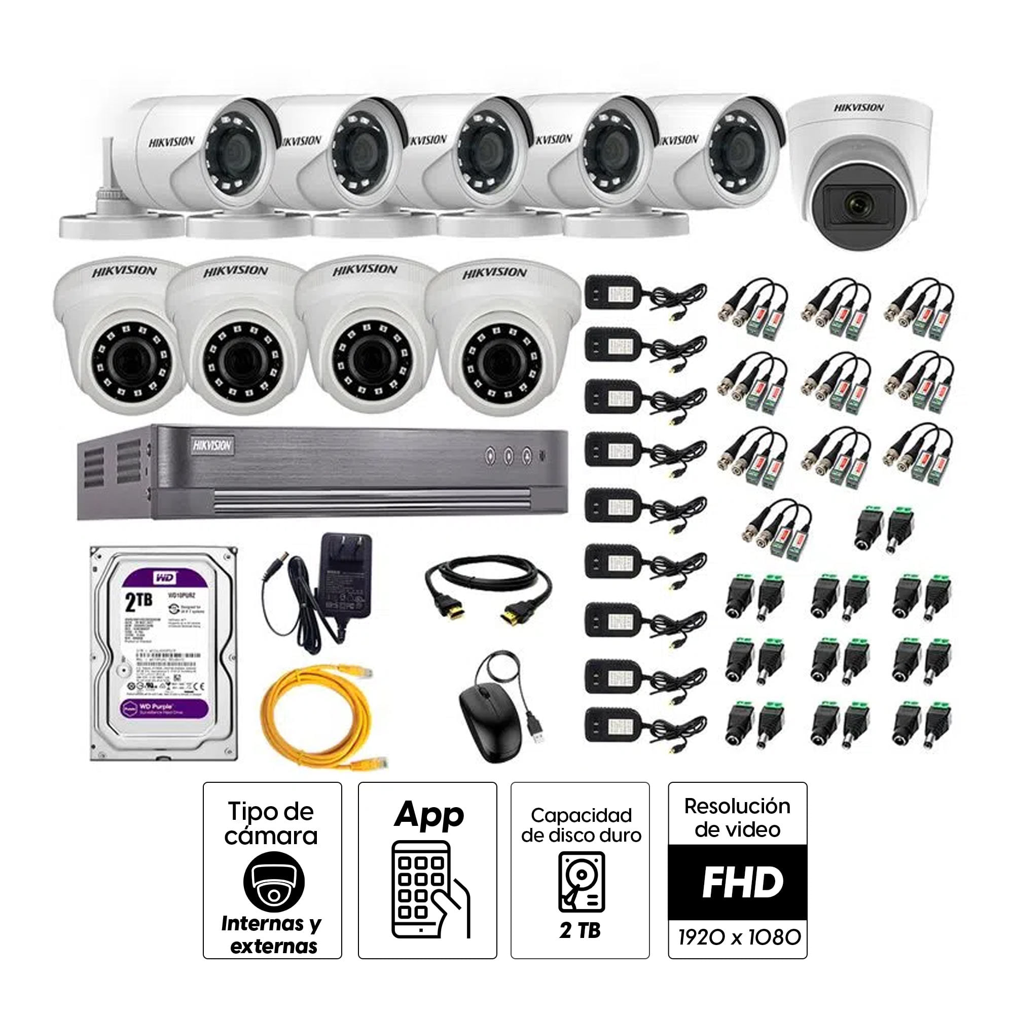 Imagen 2 del producto Kit de seguridad Hikvision 1 cámara Domo (micrófono incorporado) 1080P + 4 cámaras Domo Turbo 1080P + 5 cámaras Tubo Turbo 1080P + dvr + disco 2TB