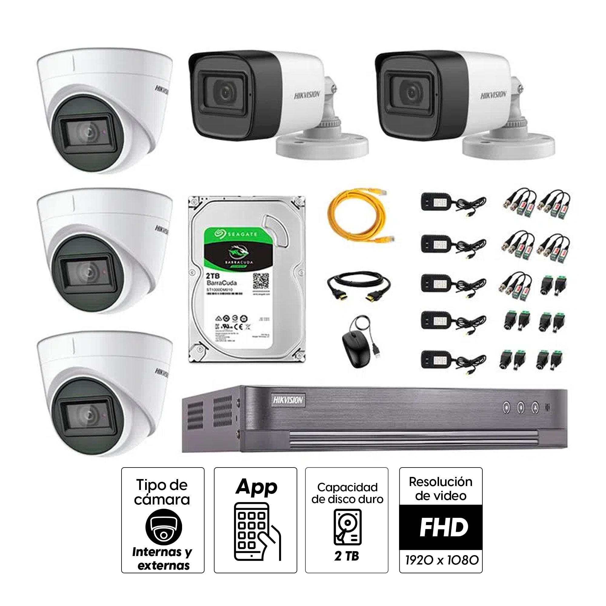 Imagen 2 del producto Kit de seguridad Hikvision 3 cámaras Domo (audio incorporado) 1080P + 2 cámaras Tubo (audio incorporado) 1080P + dvr + disco 2TB