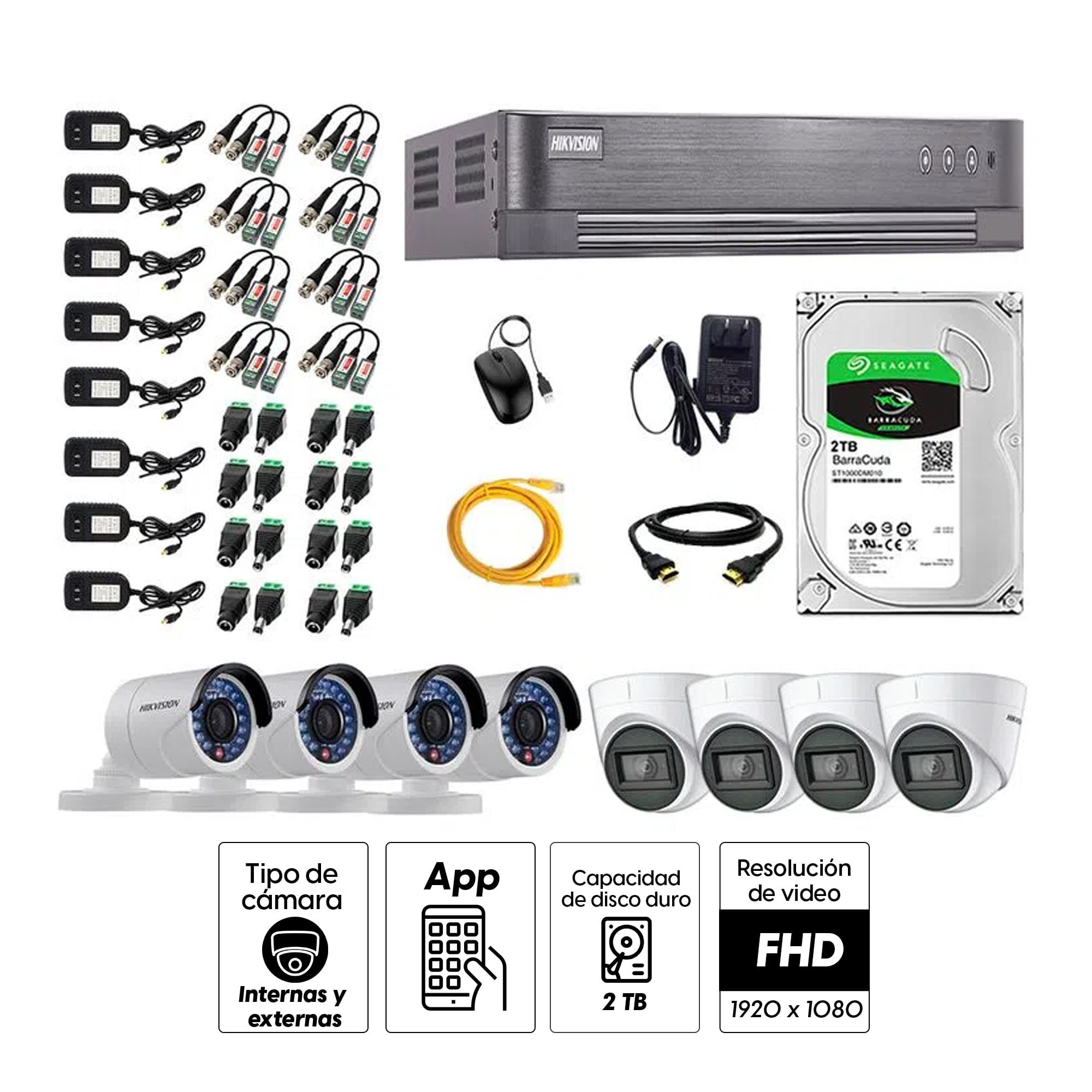 Imagen 2 del producto Kit de seguridad Hikvision 4 cámaras Domo (audio incorporado) 1080P + 4 cámaras Tubo 1080P + dvr + disco 2TB