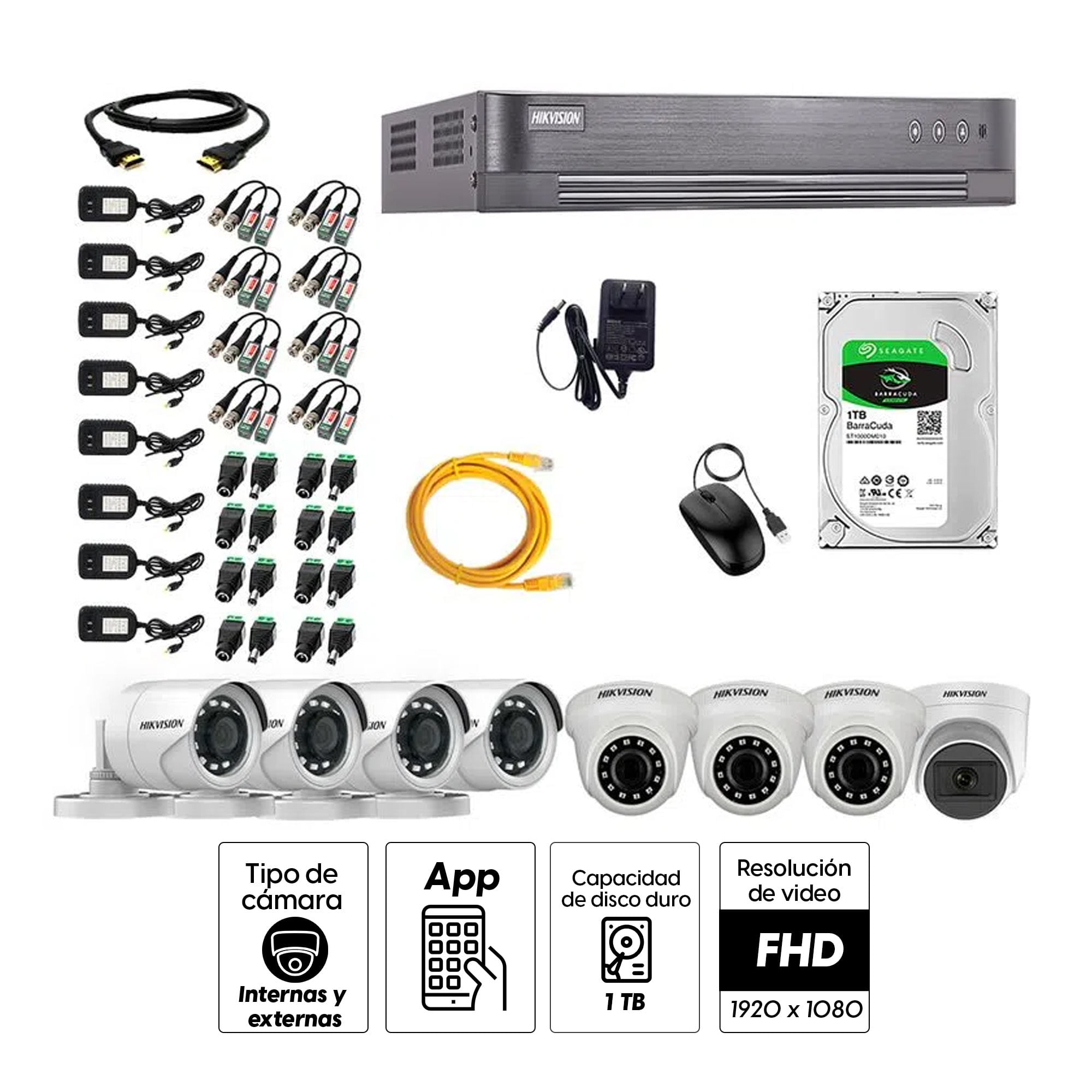 Imagen 2 del producto Kit de seguridad Hikvision 1 cámara Domo (micrófono incorporado) 1080P + 3 cámaras Domo Turbo 1080P + 4 cámaras Tubo Turbo 1080P + dvr + disco 1TB