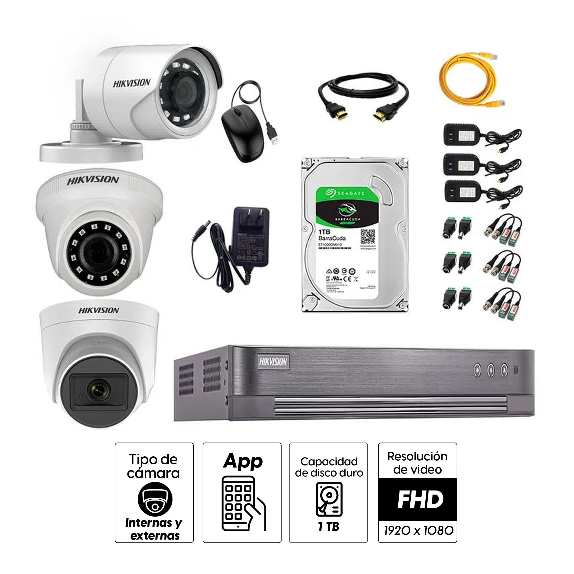 Imagen 2 del producto Kit de seguridad Hikvision 1 cámara Domo (micrófono incorporado) 1080P + 1 cámara Domo Turbo 1080P + 1 cámara Tubo Turbo 1080P + dvr + disco 1TB